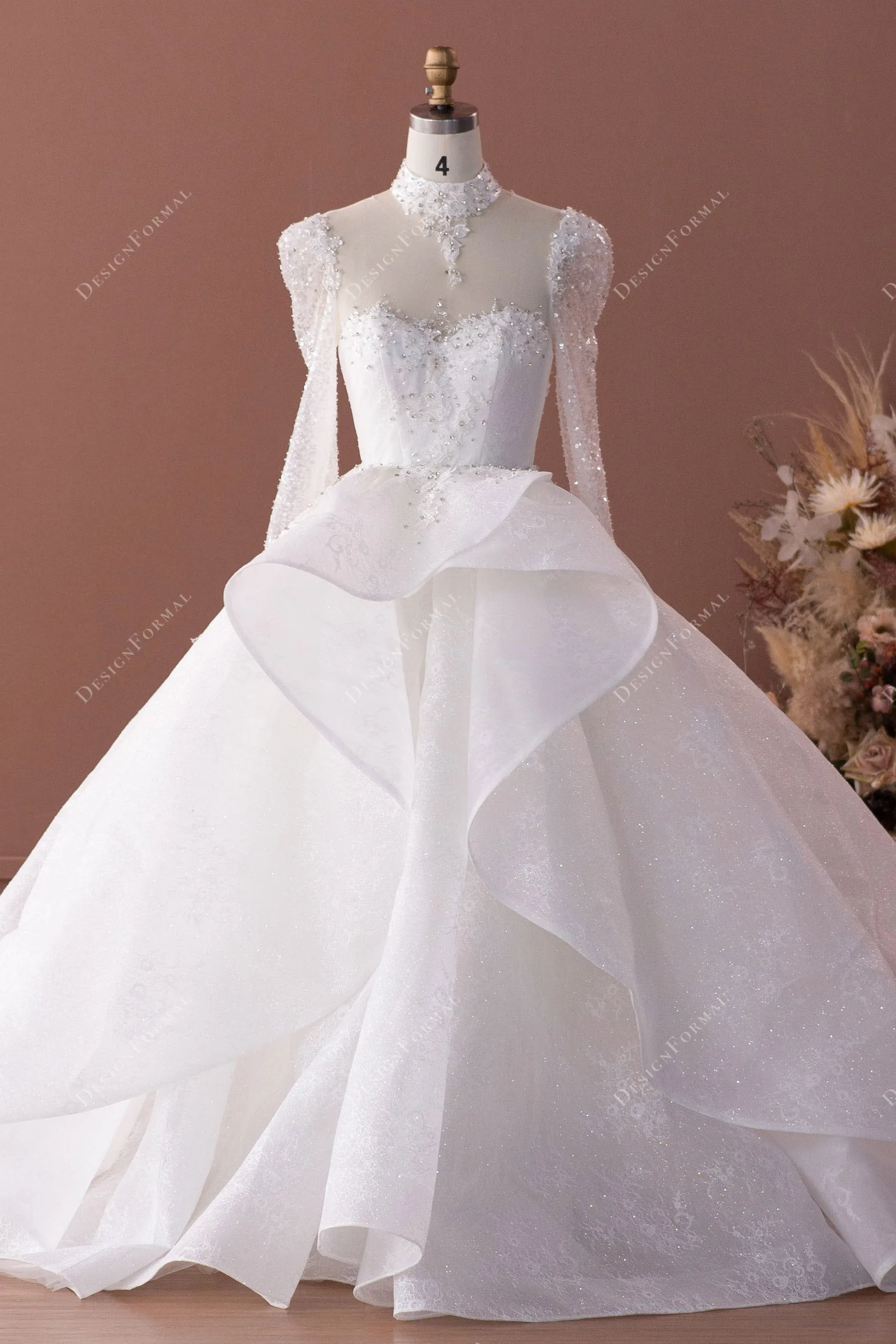 Beaded Choker Lace Designer Ruffled Overskirt Royal Wedding Dress