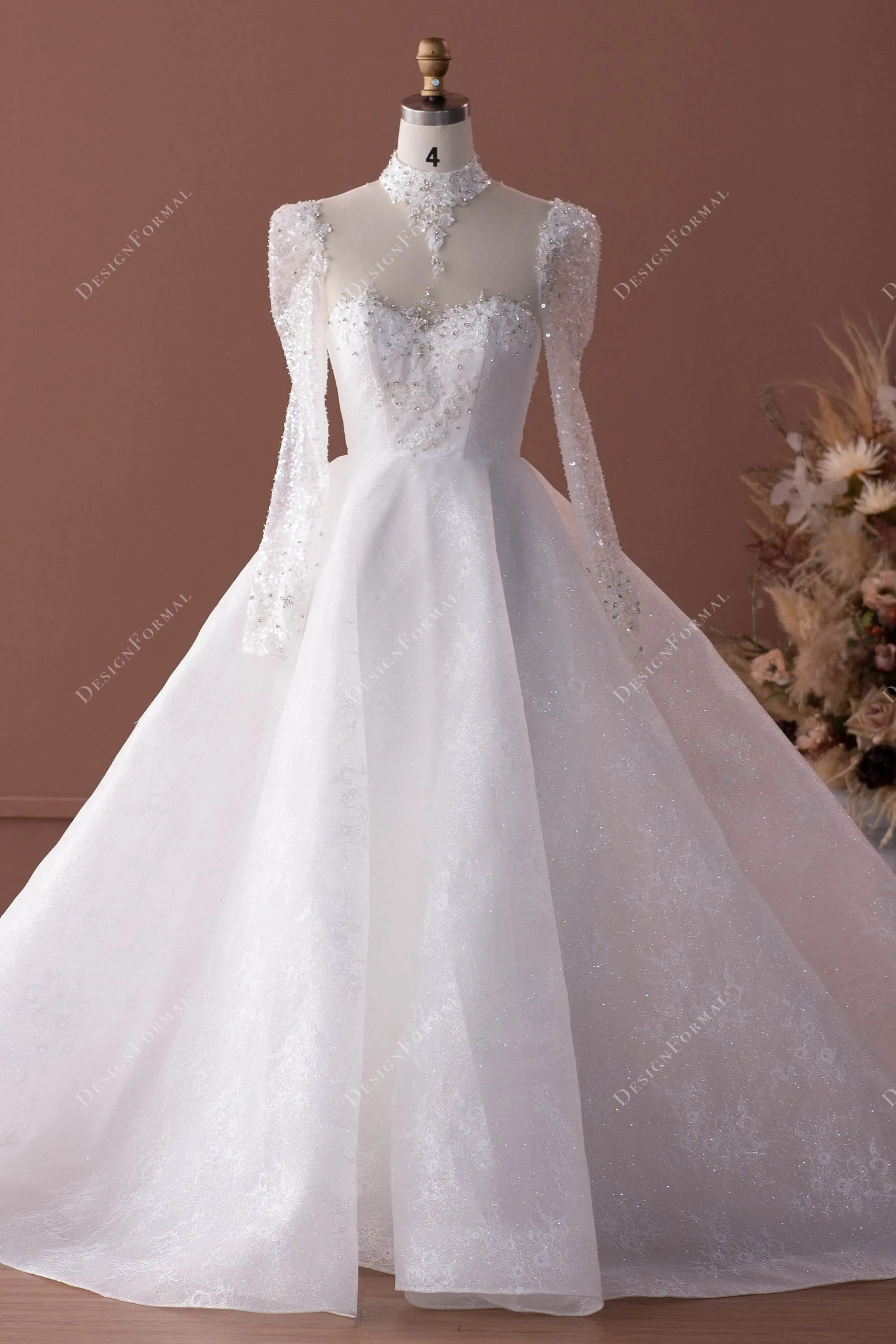 Beaded Choker Lace Designer Ruffled Overskirt Royal Wedding Dress