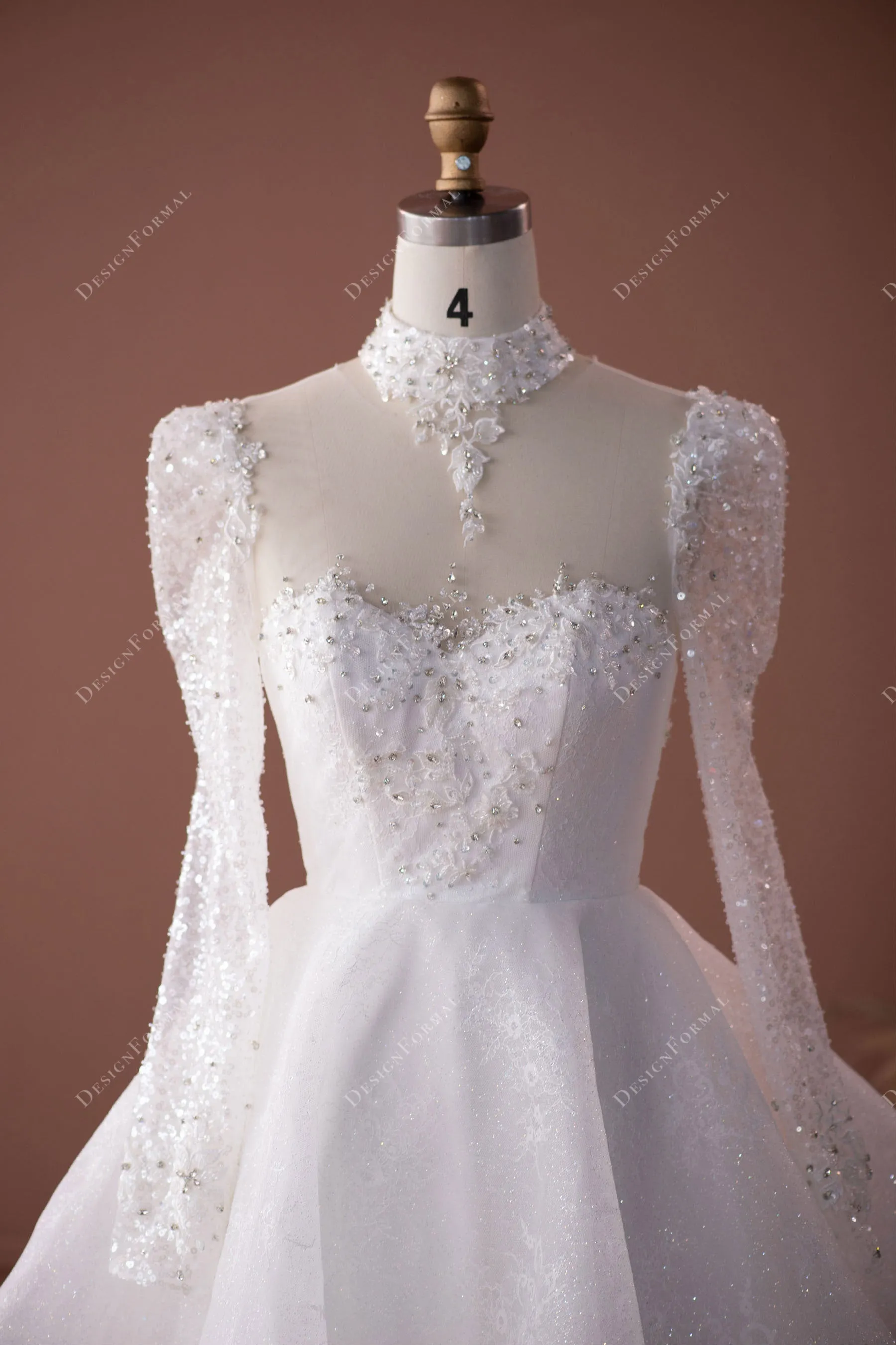 Beaded Choker Lace Designer Ruffled Overskirt Royal Wedding Dress