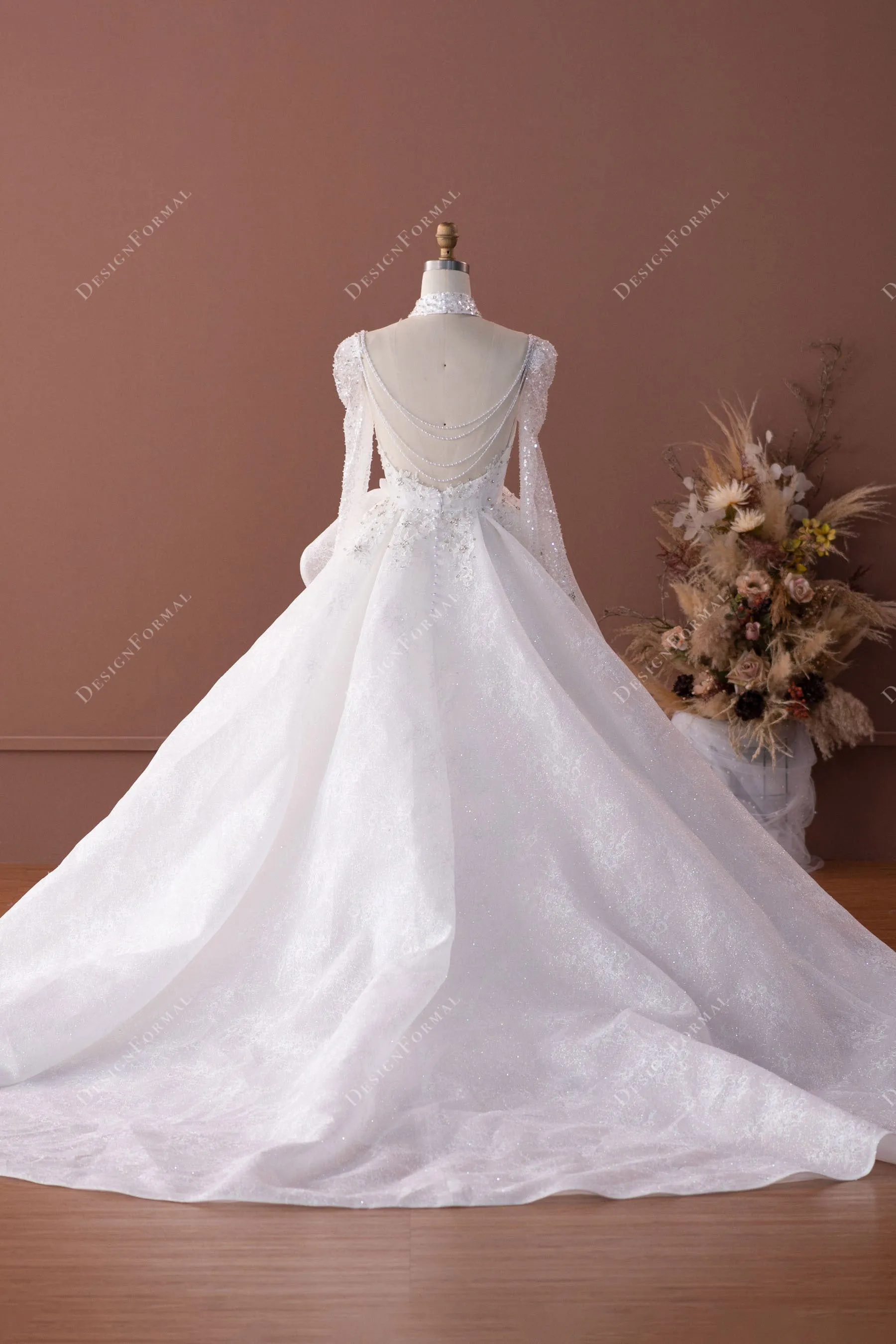 Beaded Choker Lace Designer Ruffled Overskirt Royal Wedding Dress