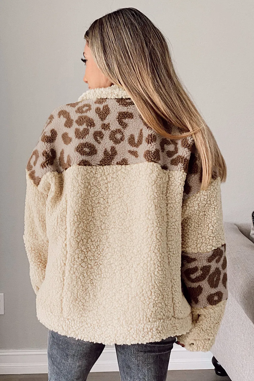 Beige Leopard Patchwork Snap Buttons Sherpa Jacket