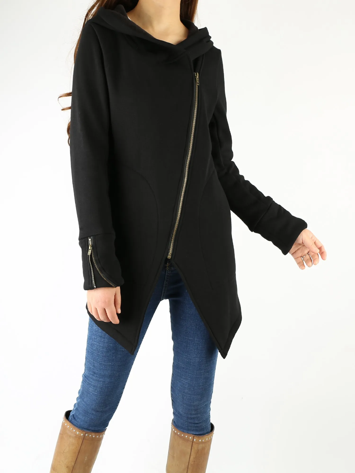 Black Hooded Jacket with Zipper/Women Jacket/Cotton Fleece Cardigan/Hood Fleece Coat(Y3119)