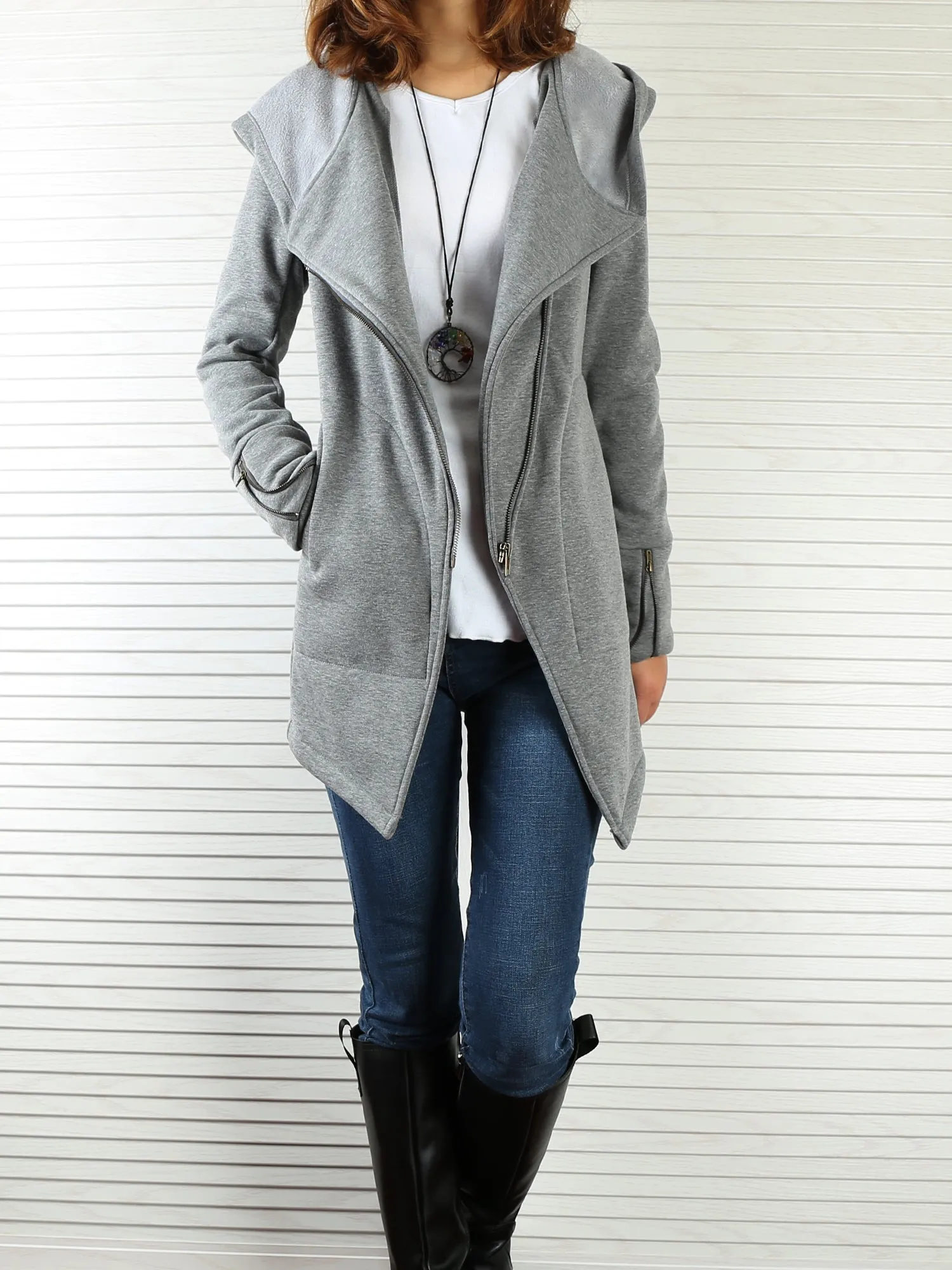 Black Hooded Jacket with Zipper/Women Jacket/Cotton Fleece Cardigan/Hood Fleece Coat(Y3119)