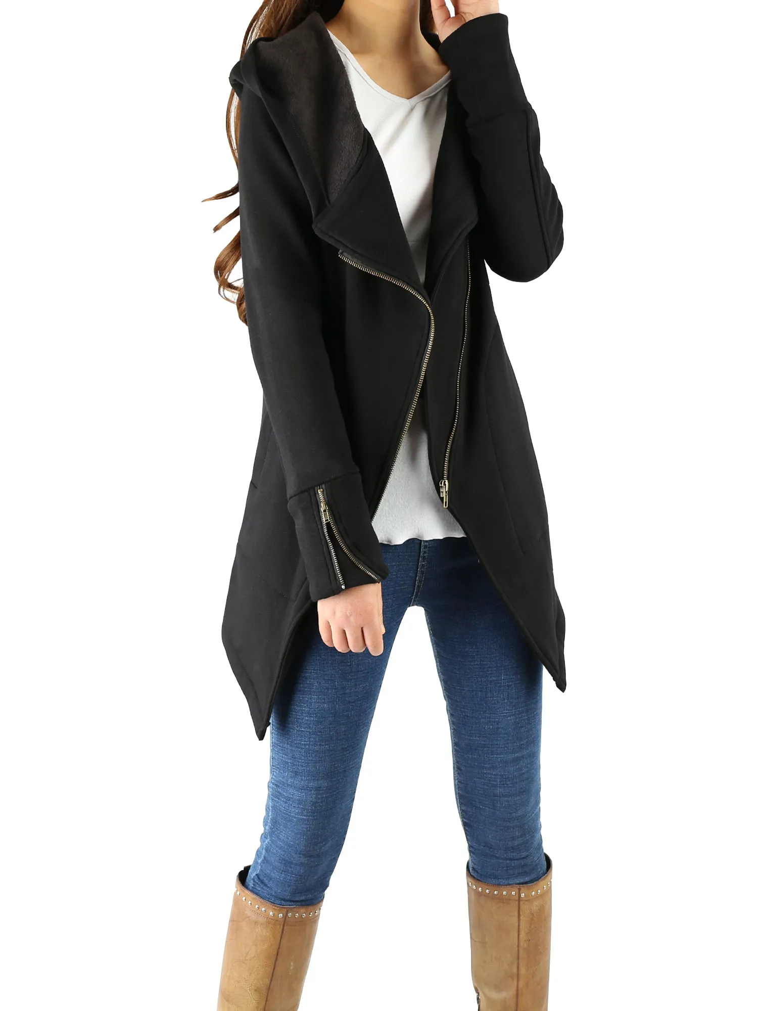 Black Hooded Jacket with Zipper/Women Jacket/Cotton Fleece Cardigan/Hood Fleece Coat(Y3119)