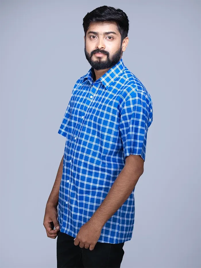 Blue Handwoven Organic Cotton Checks Fitted Men Shirt