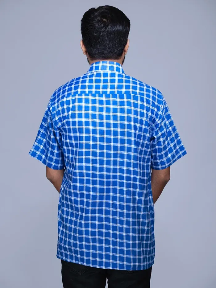 Blue Handwoven Organic Cotton Checks Fitted Men Shirt