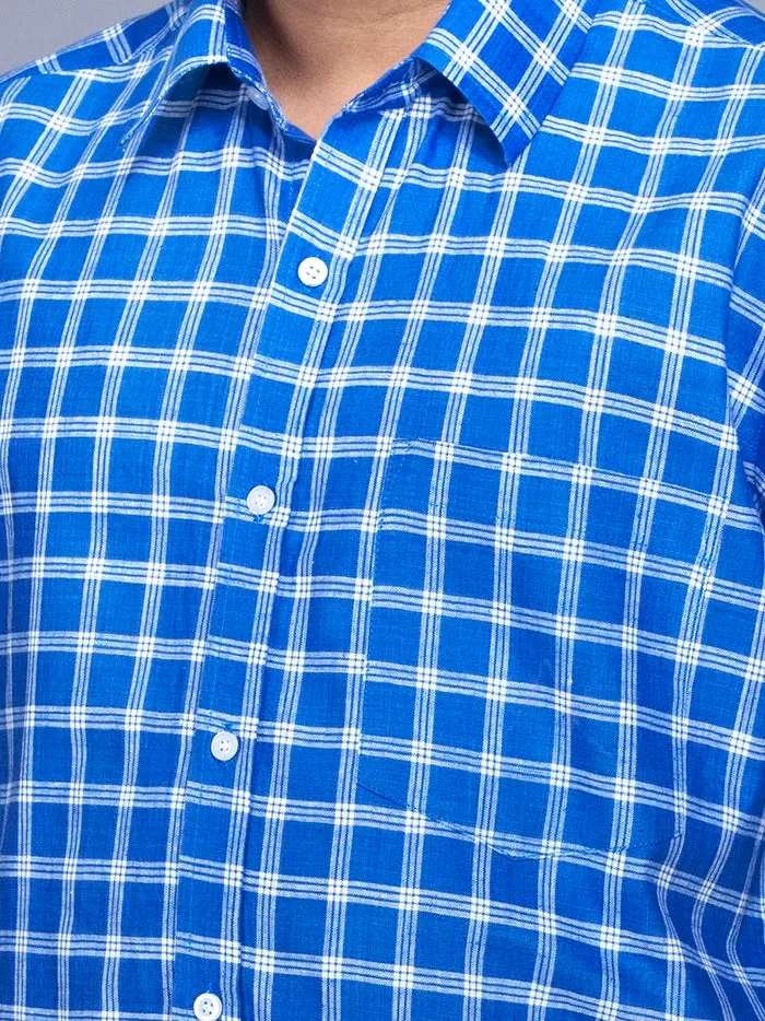 Blue Handwoven Organic Cotton Checks Fitted Men Shirt