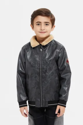 Boys Black Sherpa Collar Jacket