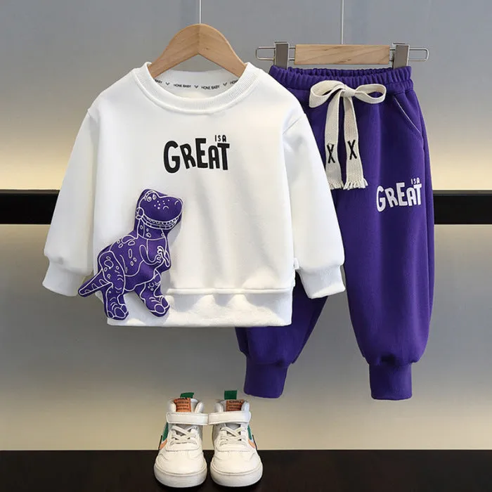 Boy's Casual Dinosaur Sweatshirt and Sweatpants Two Piece Outfit Set