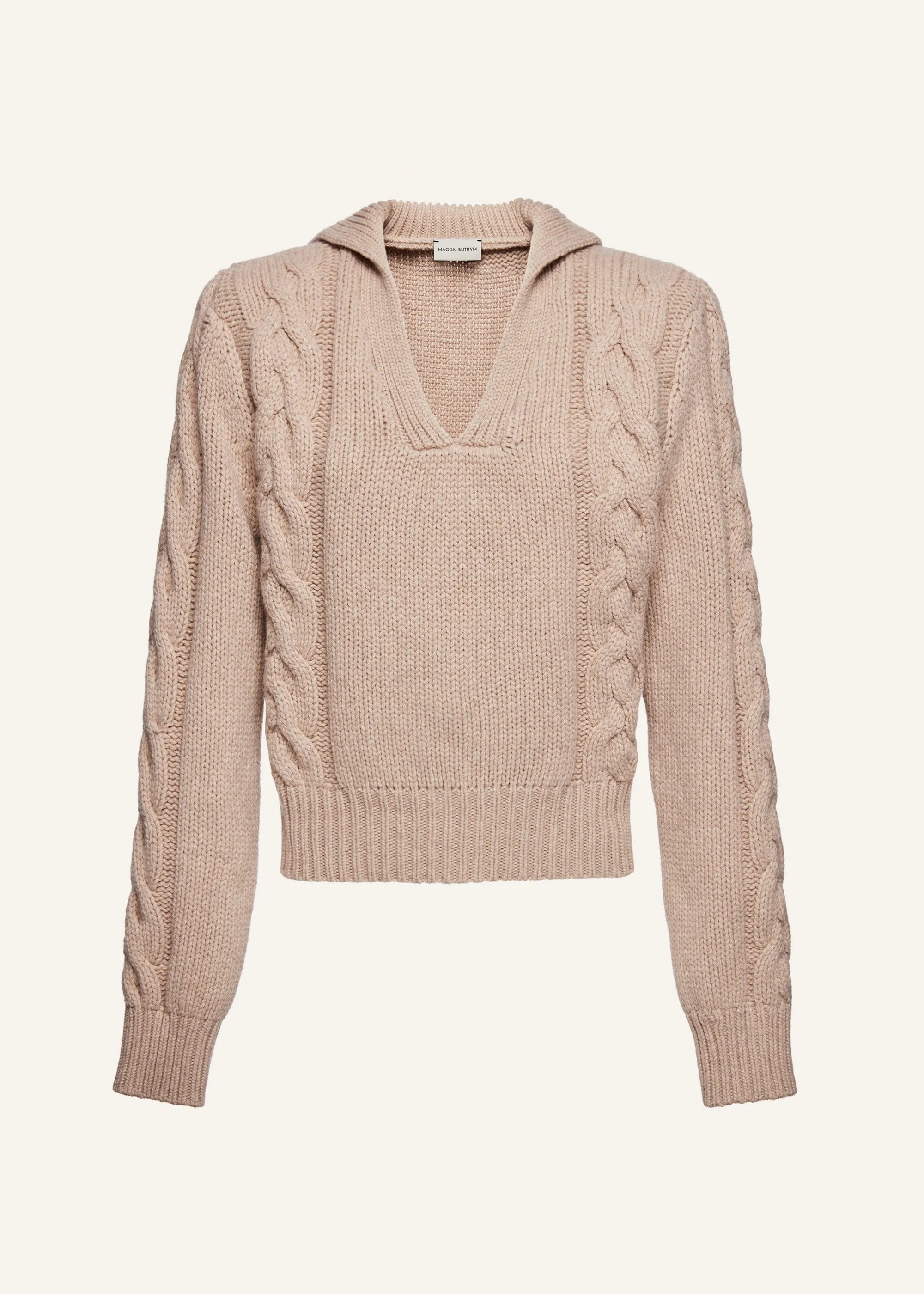 Cashmere cable knit polo sweater in beige