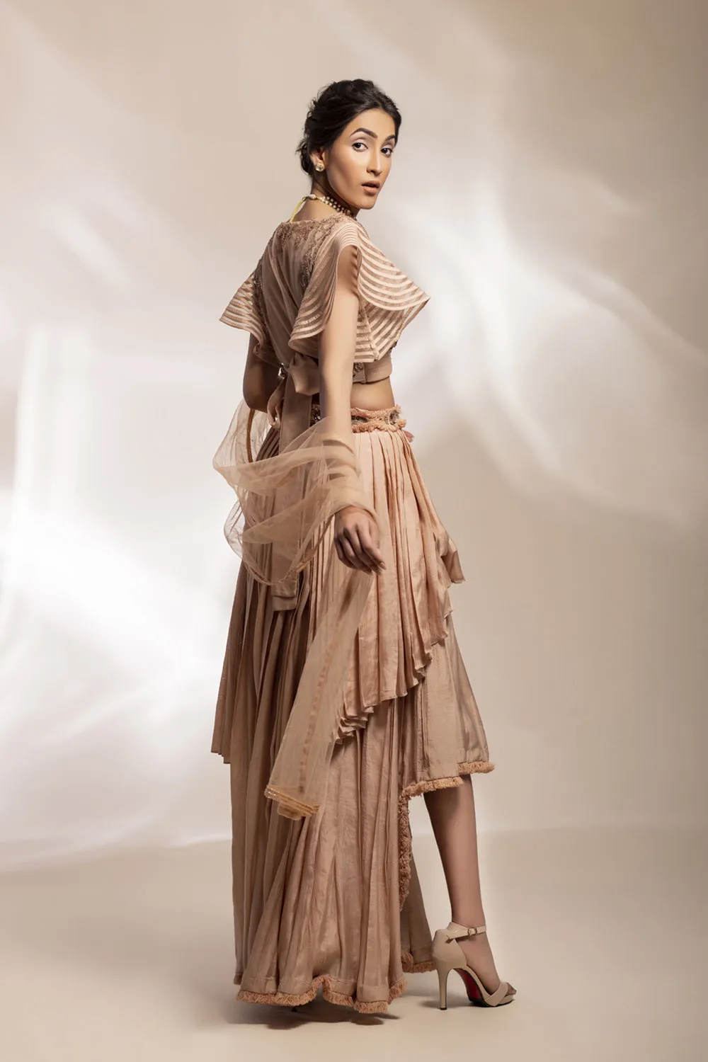 Champaign Silk Pleated Skirt Ensemble With Embroidered