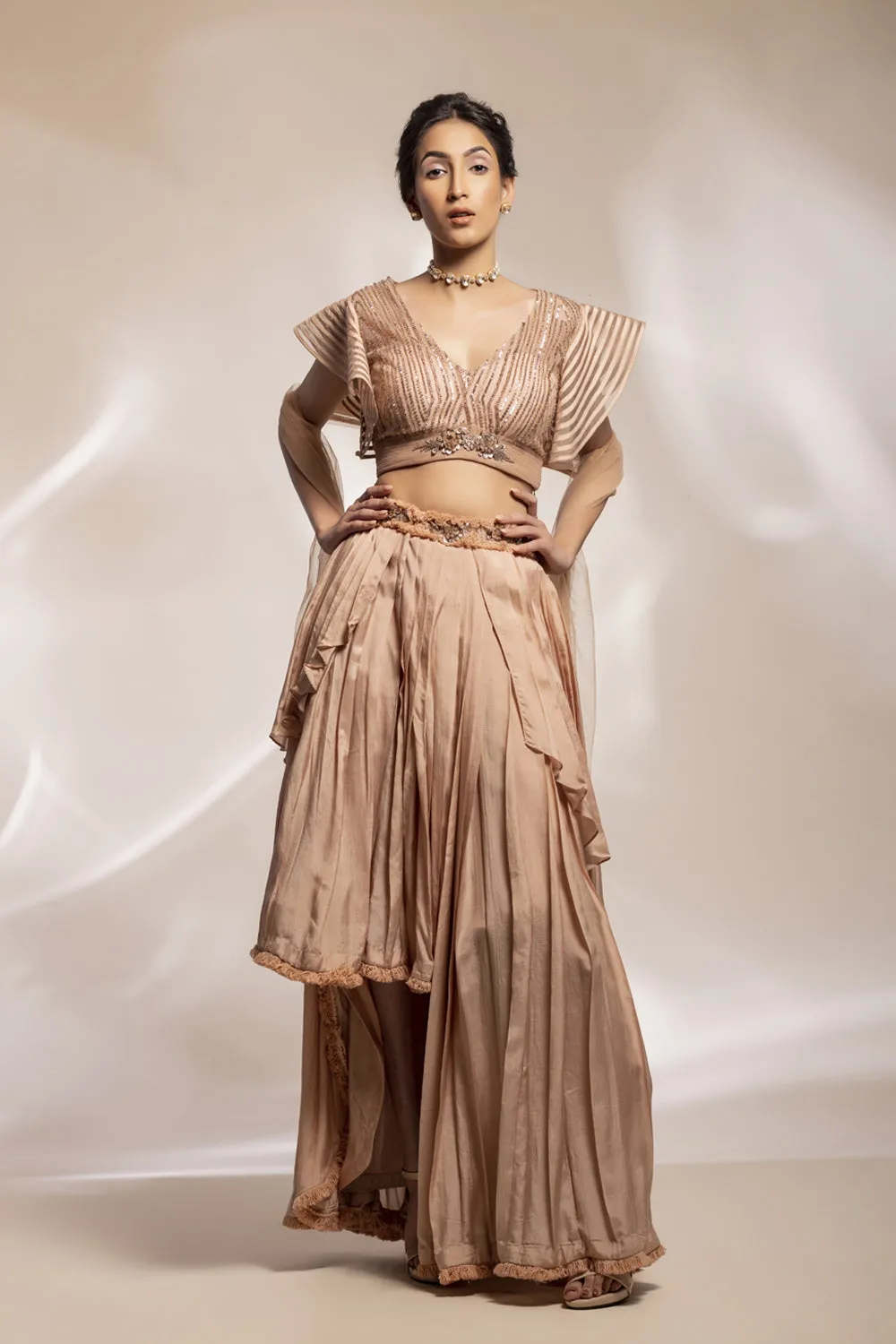 Champaign Silk Pleated Skirt Ensemble With Embroidered