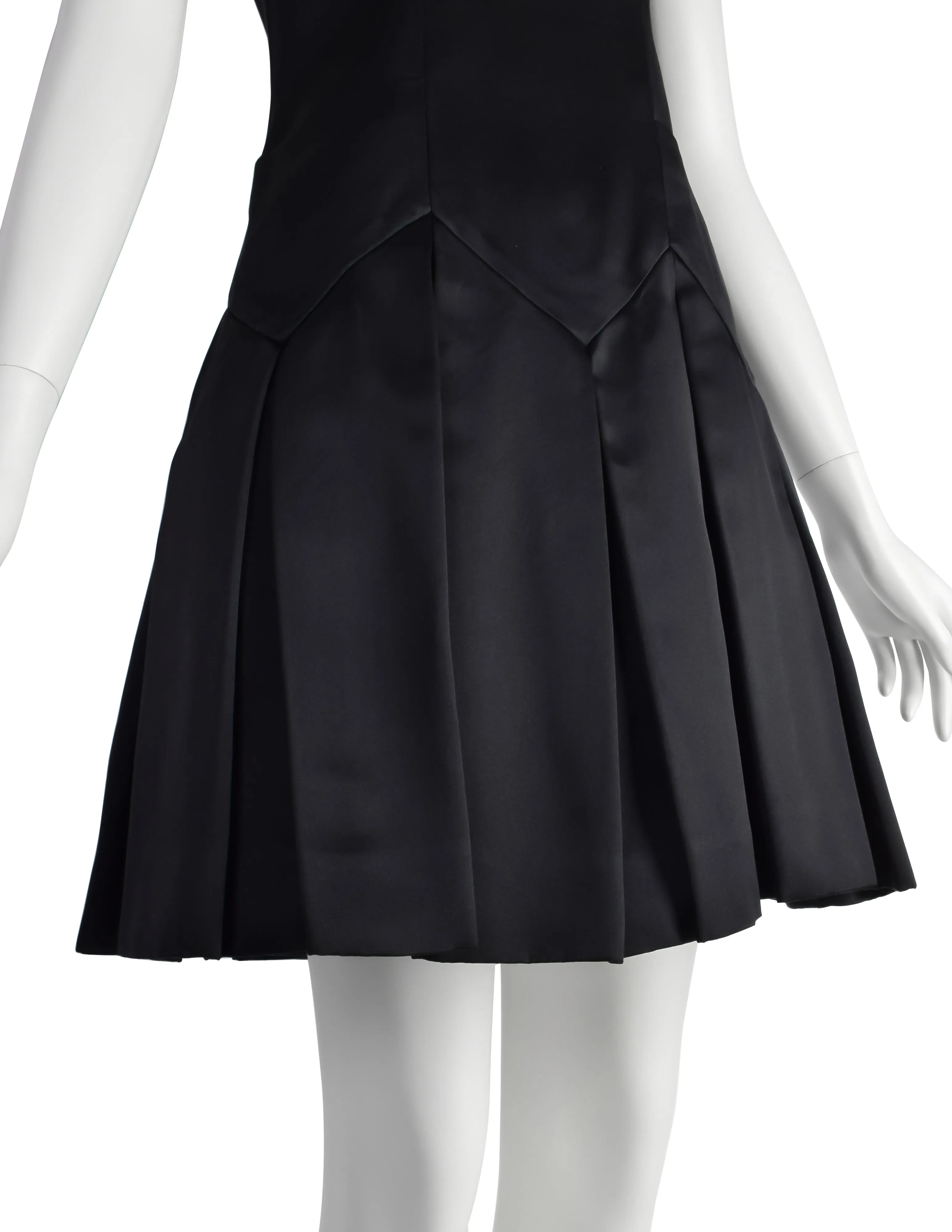 Chanel Vintage 1990s Black Silk Satin Bow Pleated Mini Dress