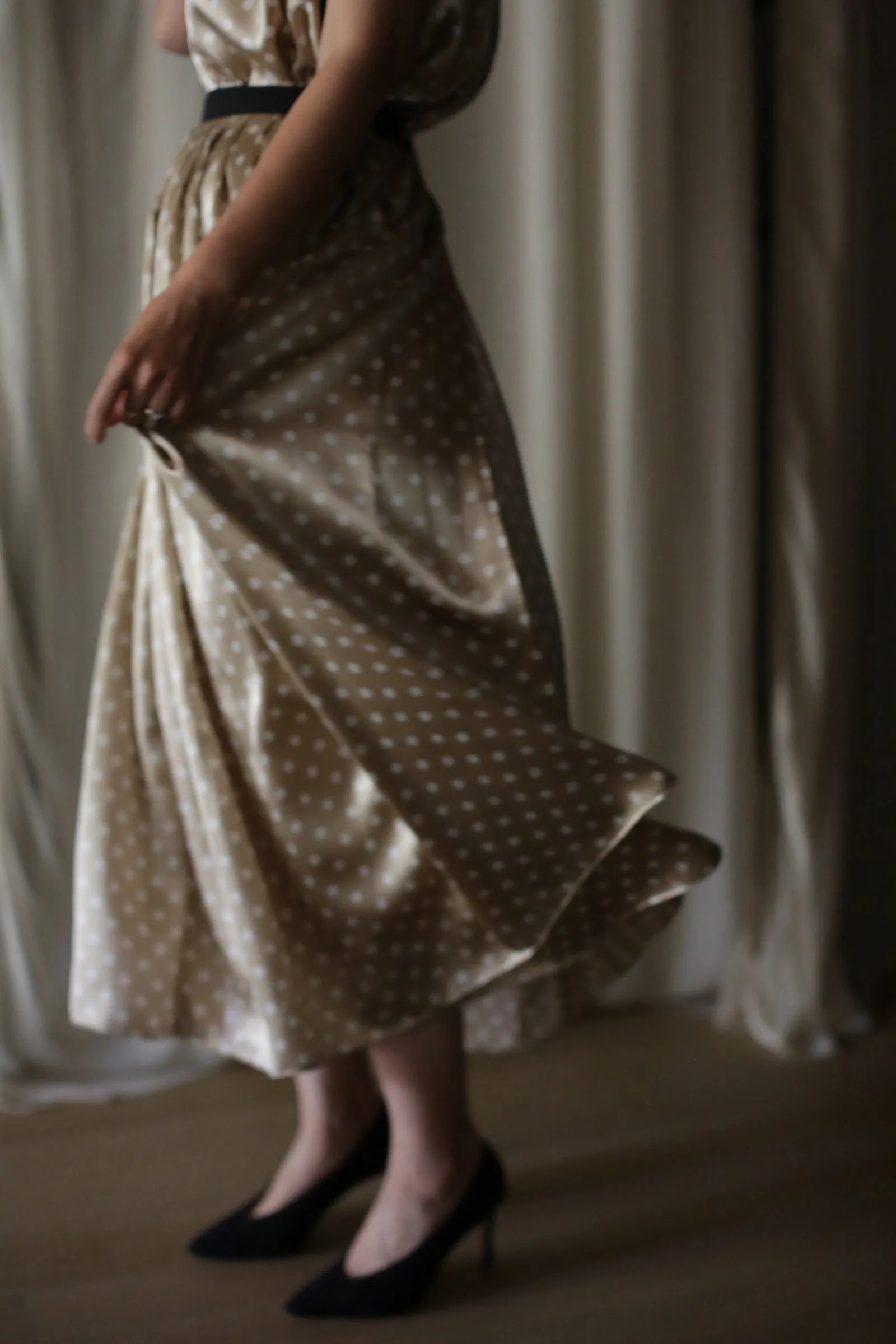 Charmeuse Pleated Wrap Skirt | Ivory Polkadot