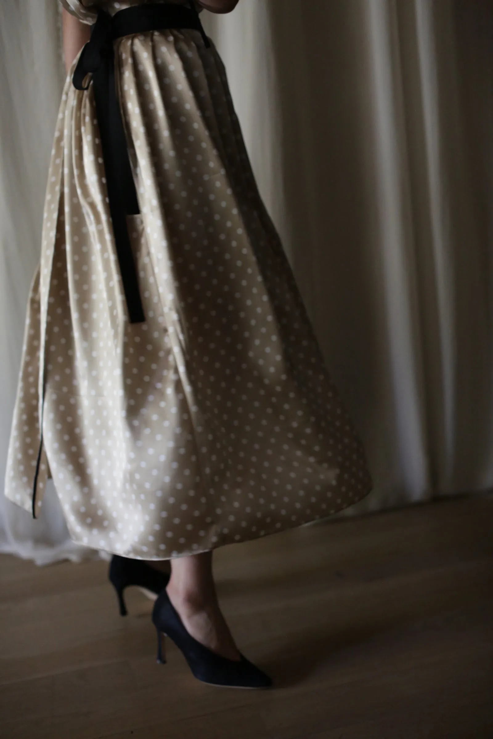 Charmeuse Pleated Wrap Skirt | Ivory Polkadot