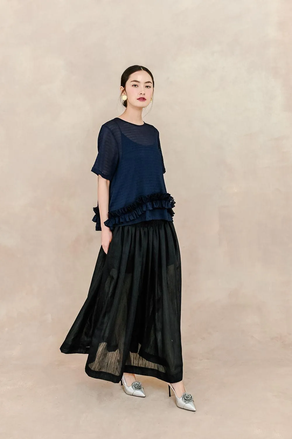 Clementine Pleated Elastic Waist Silk Ankle Length Skirt