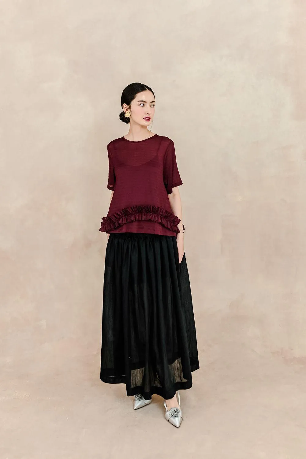 Clementine Pleated Elastic Waist Silk Ankle Length Skirt