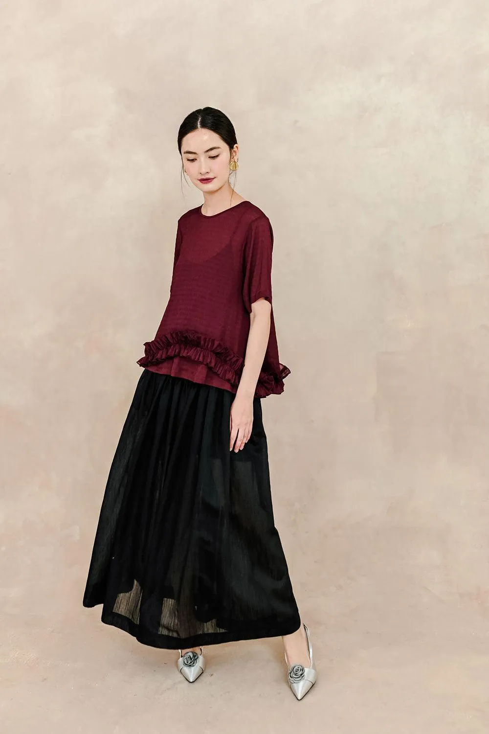 Clementine Pleated Elastic Waist Silk Ankle Length Skirt