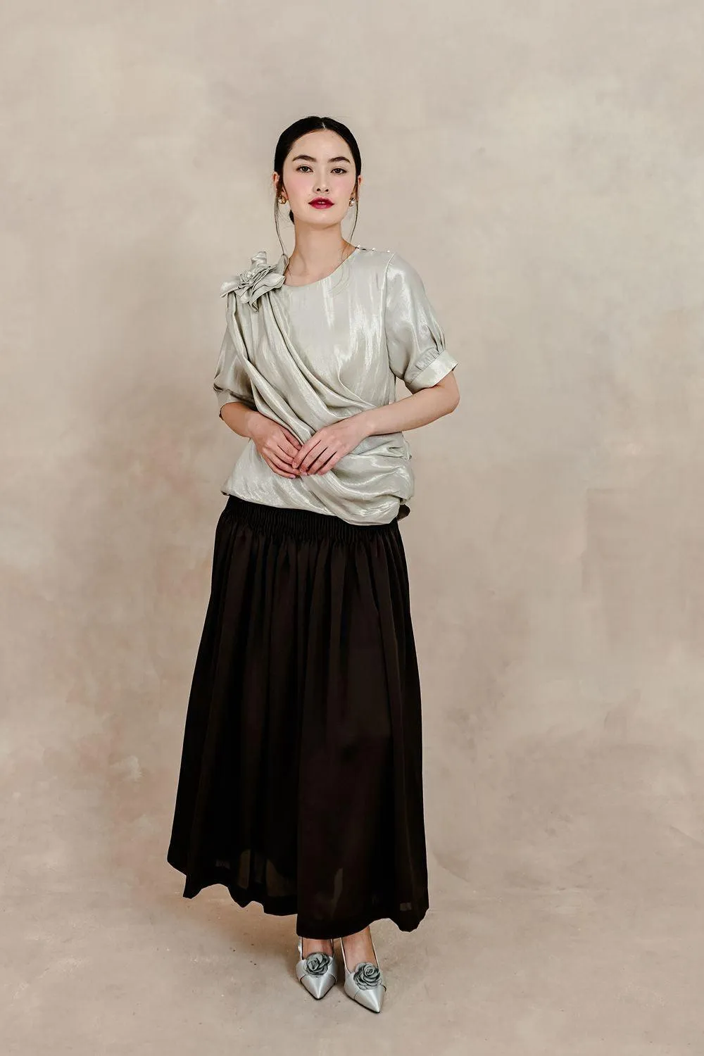 Clementine Pleated Elastic Waist Silk Ankle Length Skirt