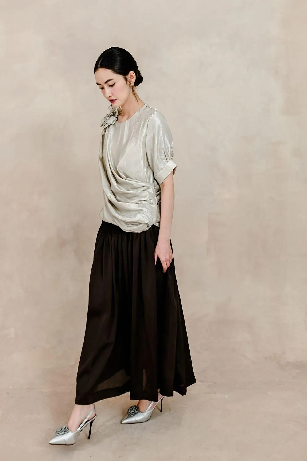 Clementine Pleated Elastic Waist Silk Ankle Length Skirt