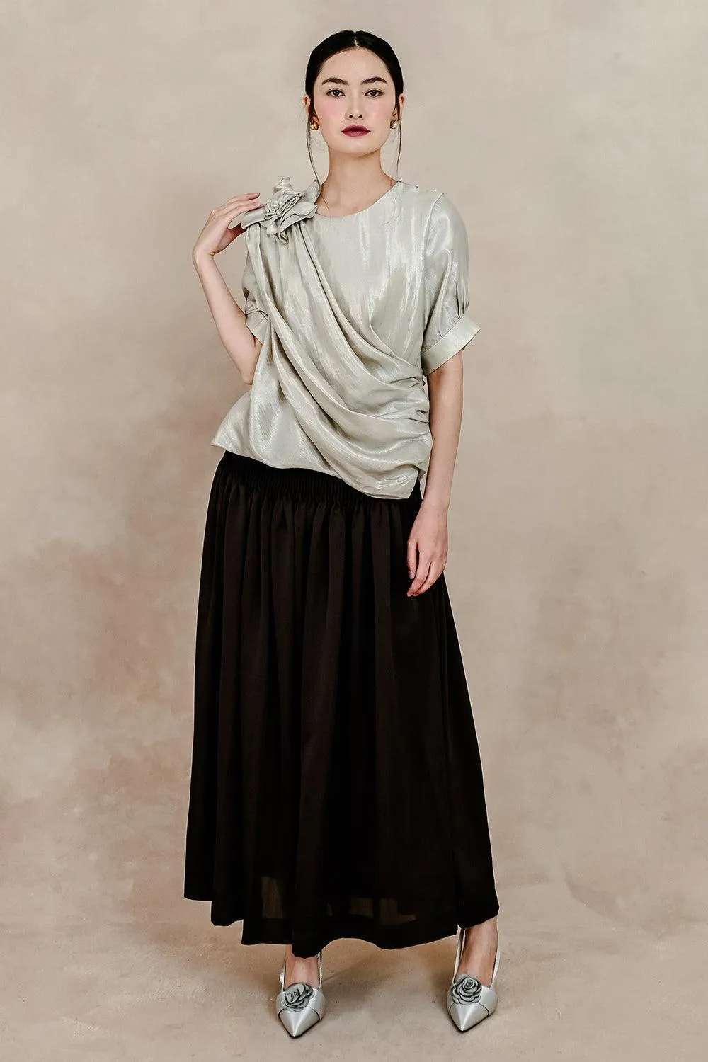 Clementine Pleated Elastic Waist Silk Ankle Length Skirt