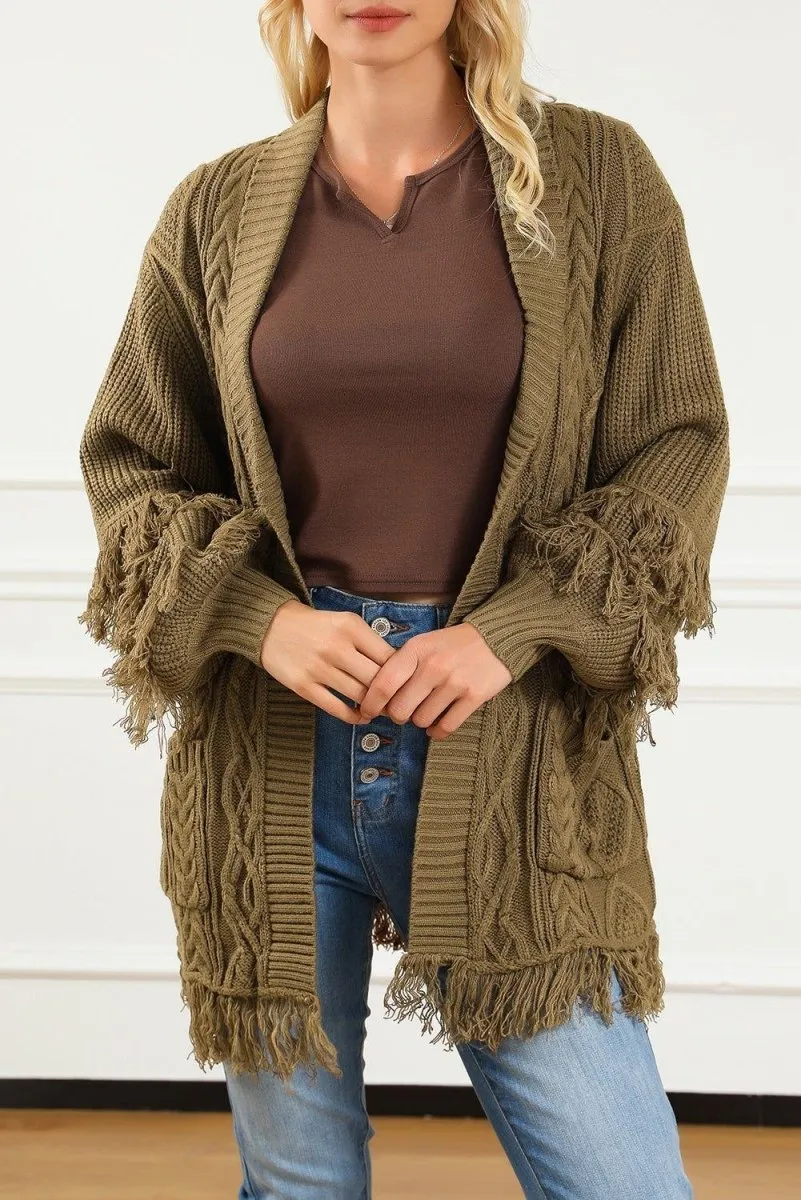 Coffee Fringe Cable Knit Cardigan