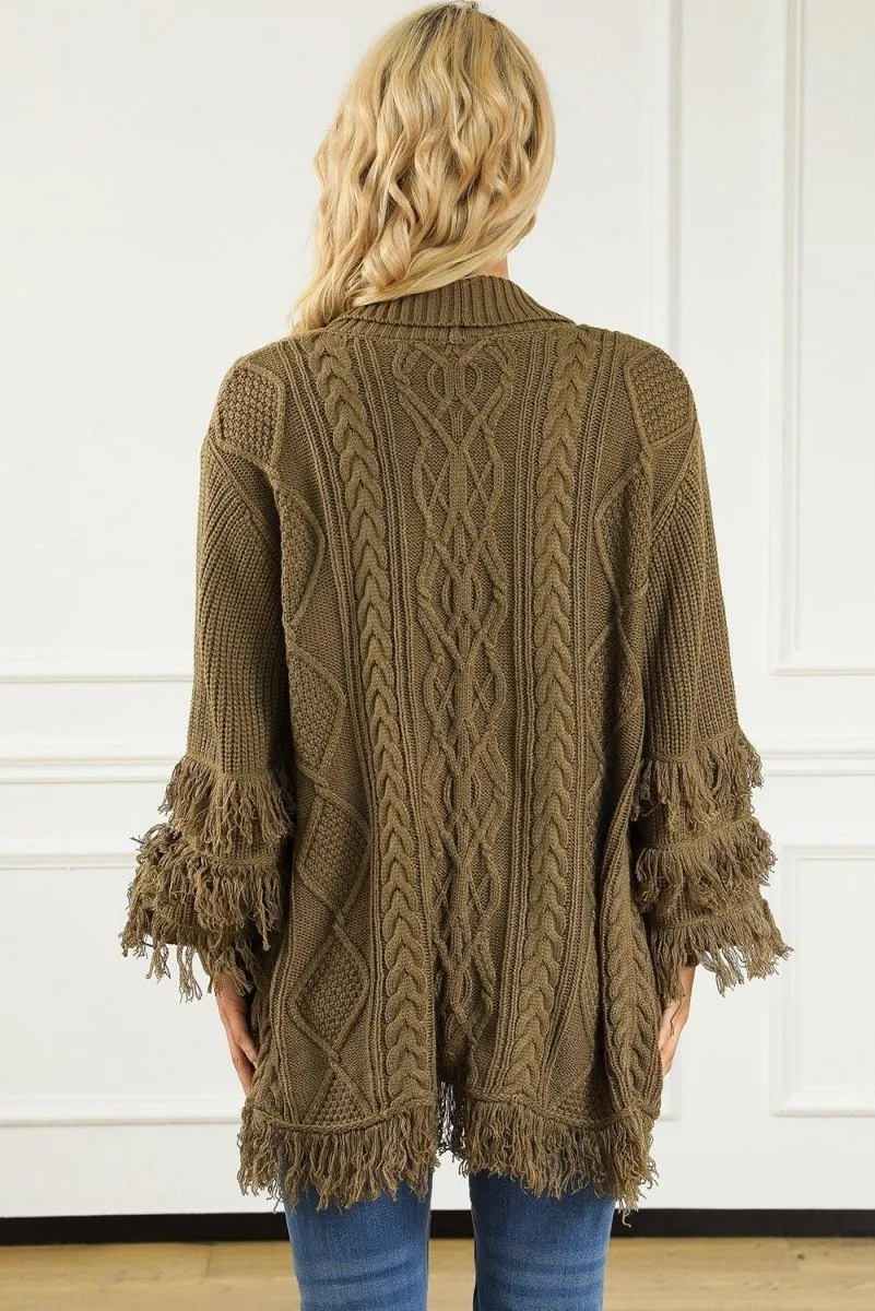 Coffee Fringe Cable Knit Cardigan