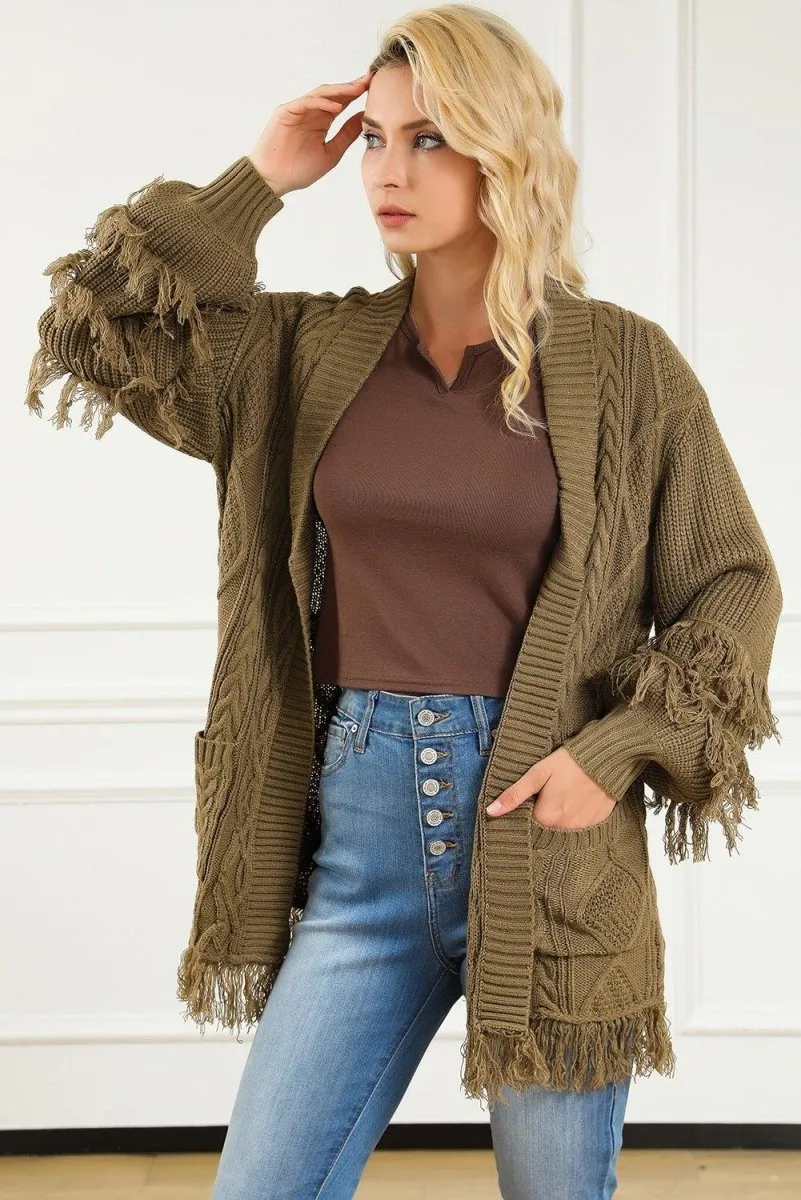 Coffee Fringe Cable Knit Cardigan