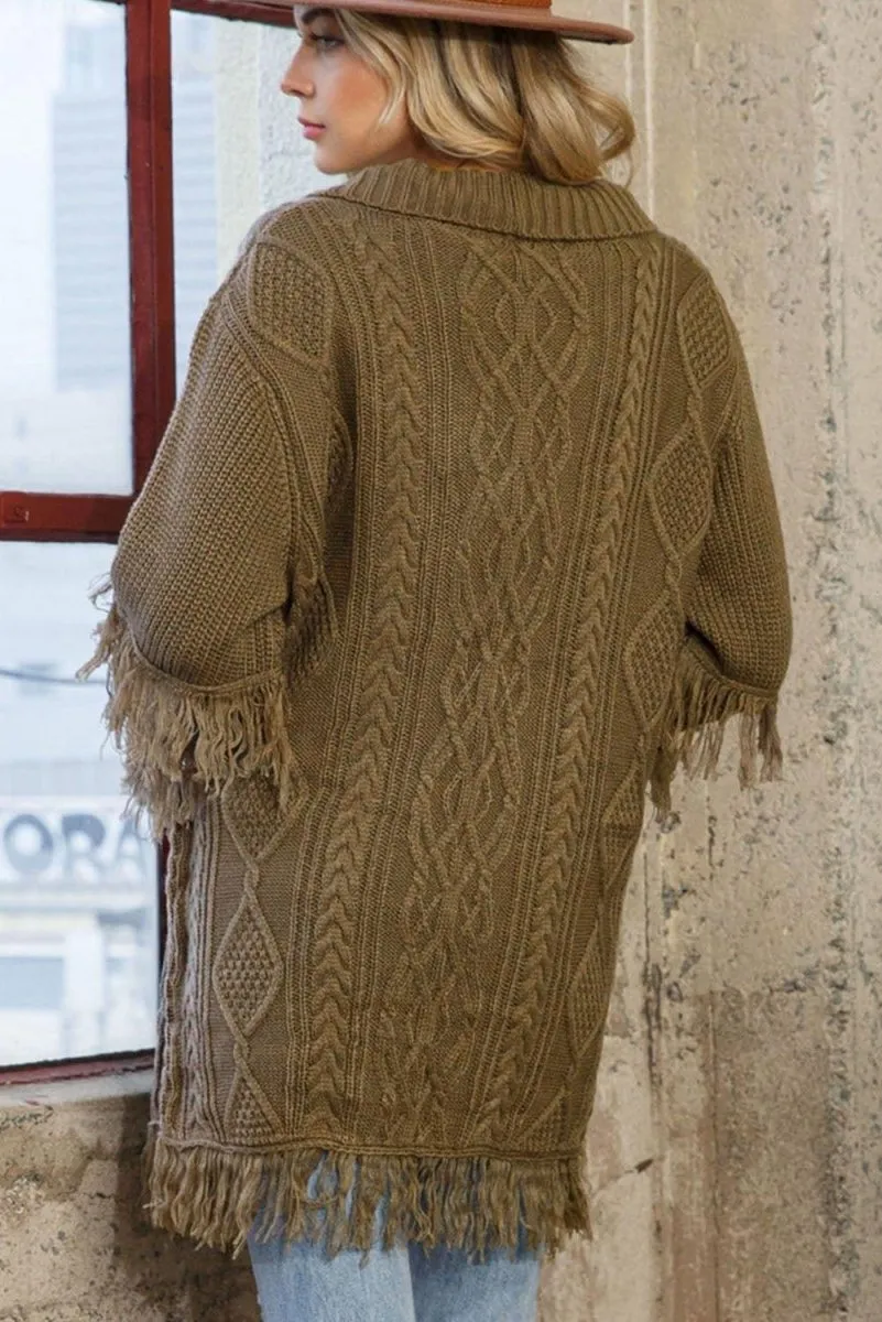 Coffee Fringe Cable Knit Cardigan