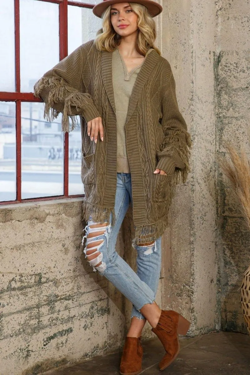 Coffee Fringe Cable Knit Cardigan