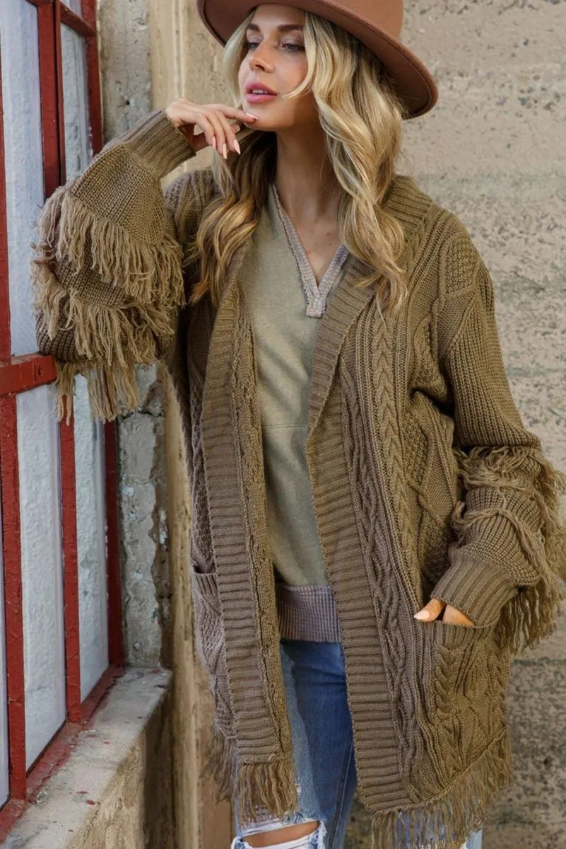 Coffee Fringe Cable Knit Cardigan