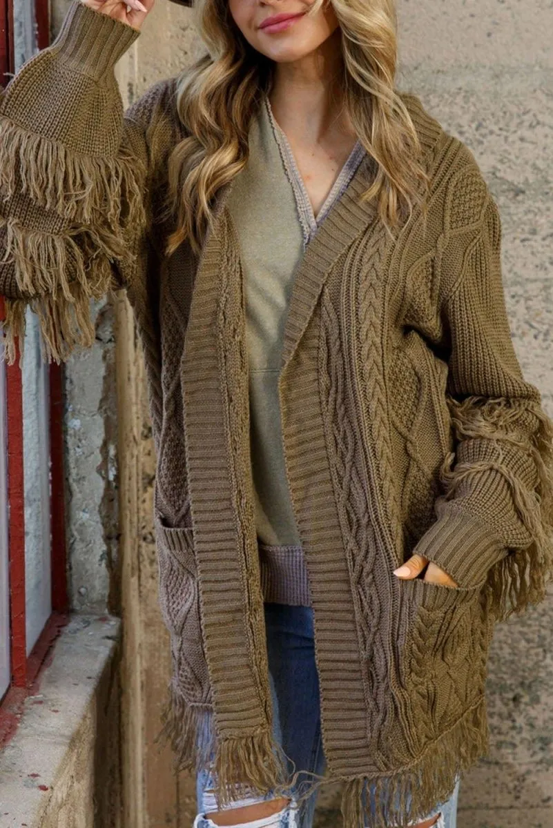 Coffee Fringe Cable Knit Cardigan