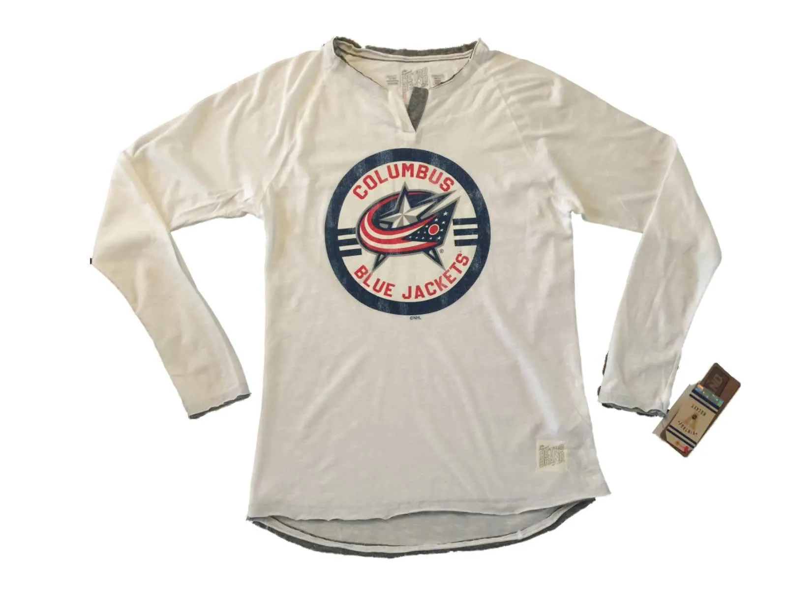 Columbus Blue Jackets Retro Brand WOMEN White Long Sleeve V-Flap T-Shirt