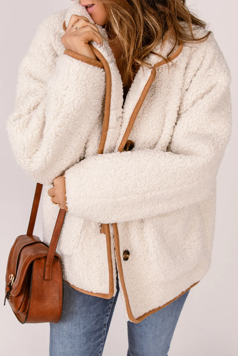 Contrast Binding Buttoned Sherpa Jacket