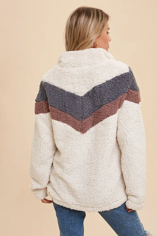 Cream/Grey Blue Zip Up High Neck Chevron Sherpa Jacket Pullover