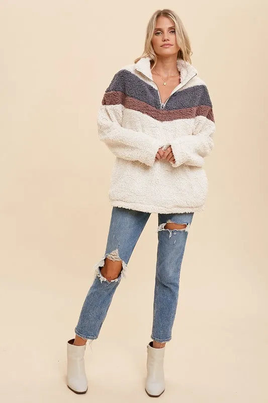 Cream/Grey Blue Zip Up High Neck Chevron Sherpa Jacket Pullover