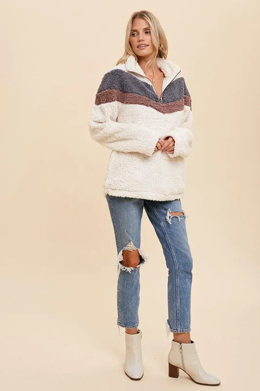 Cream/Grey Blue Zip Up High Neck Chevron Sherpa Jacket Pullover