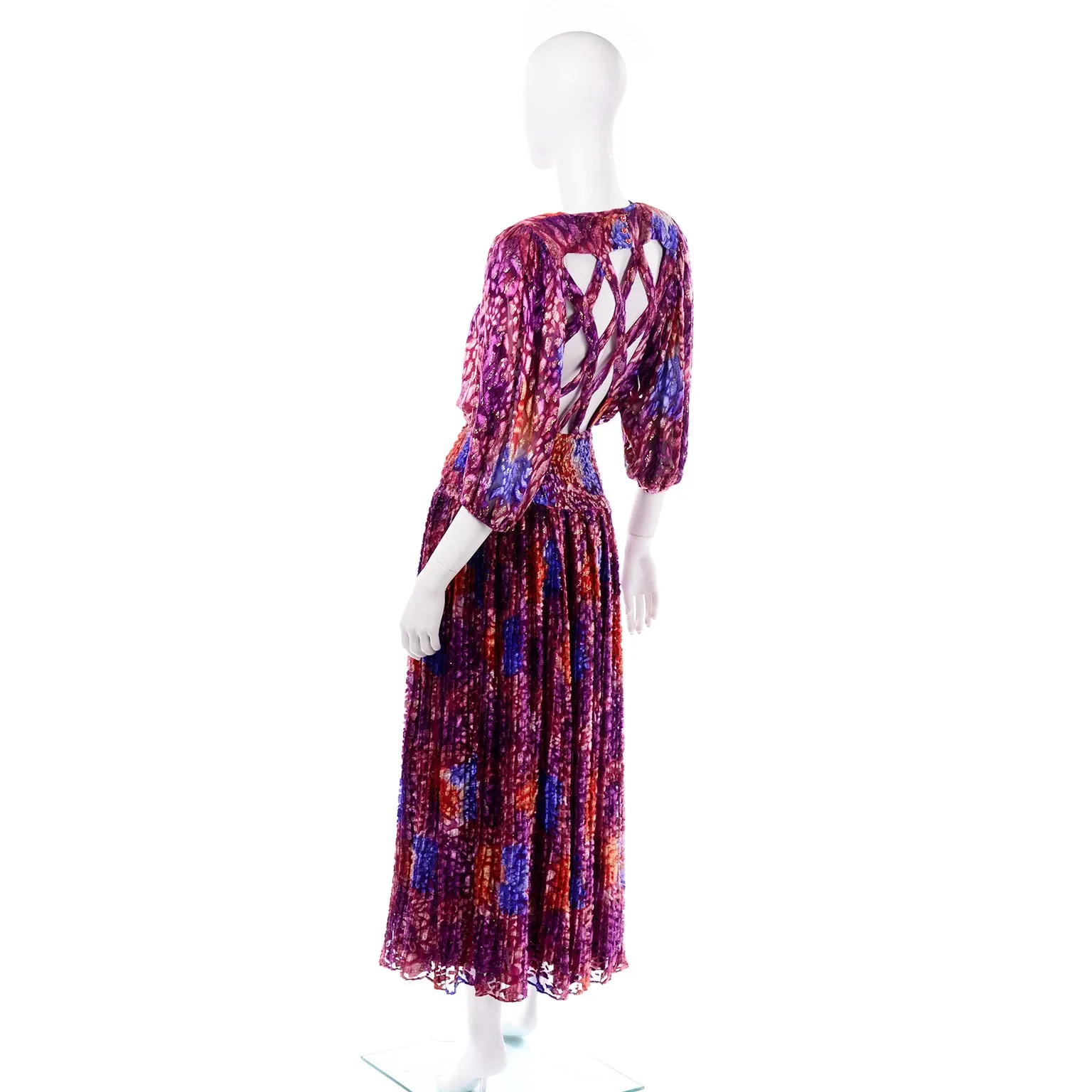 Diane Freis Purple Silk Velvet Vintage Dress W Open Lattice Back