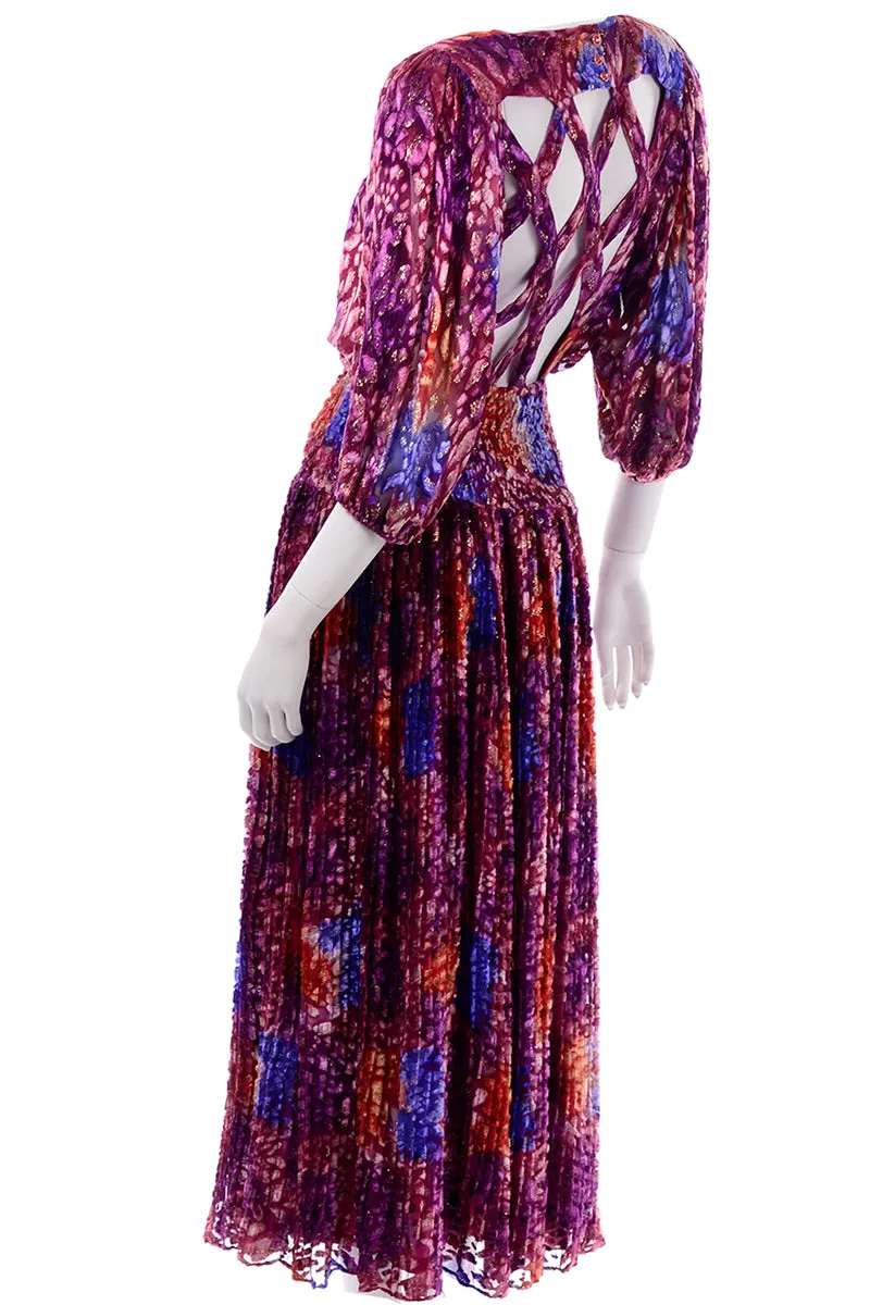 Diane Freis Purple Silk Velvet Vintage Dress W Open Lattice Back