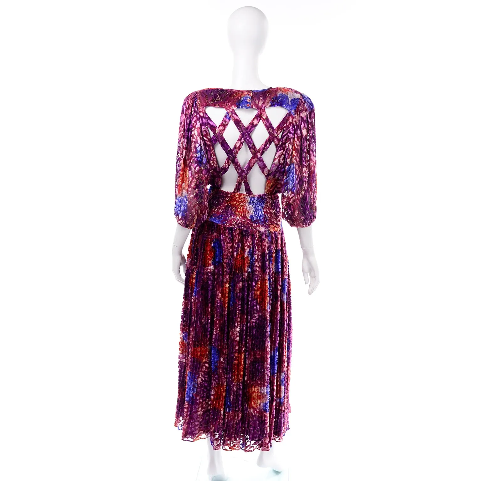 Diane Freis Purple Silk Velvet Vintage Dress W Open Lattice Back