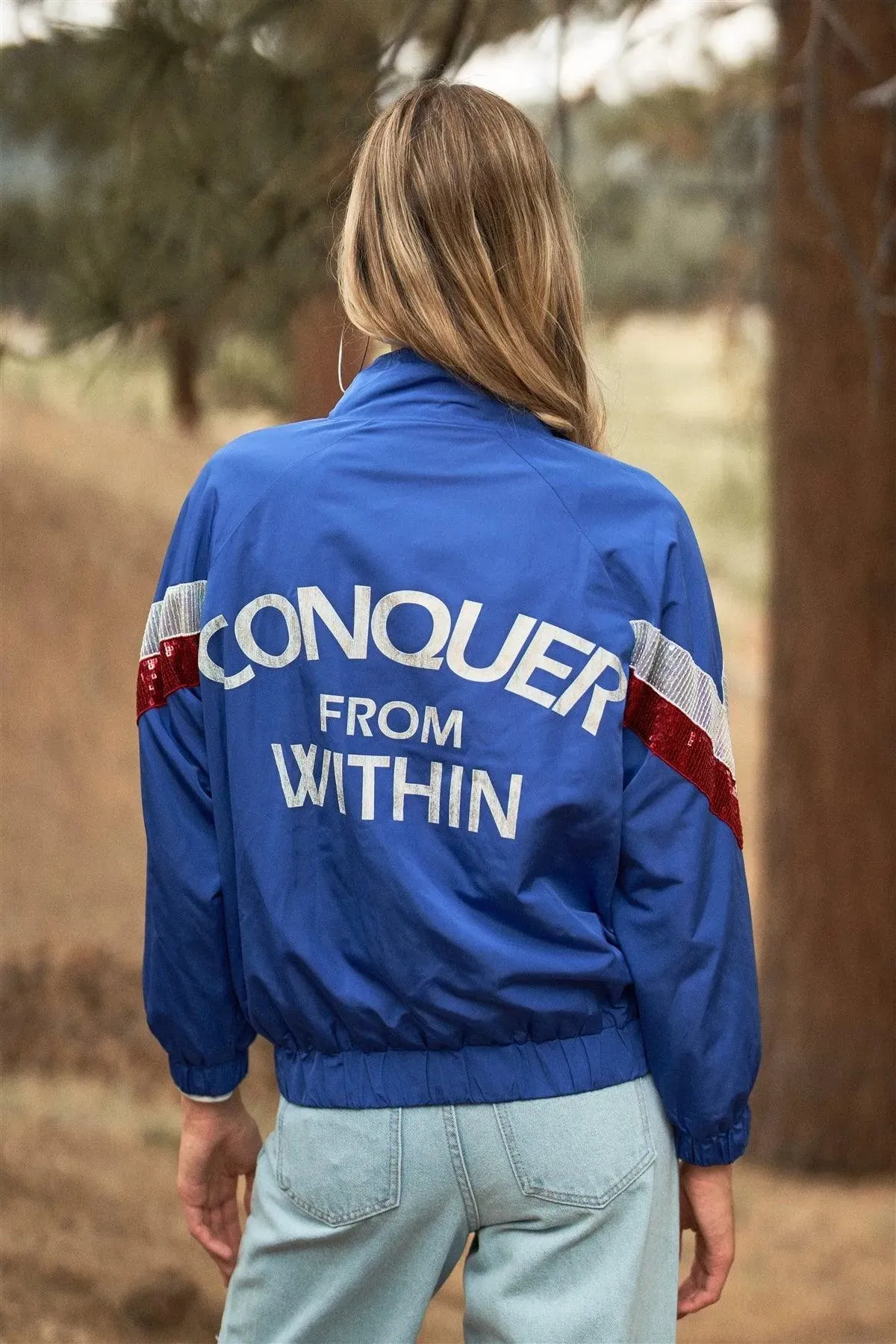 Disco Calling! Red & Blue Retro Printed Lettering Back Detail Sequin Stripe Trim Long Sleeve Zip-Up Windbreaker Jacket /3-2-1