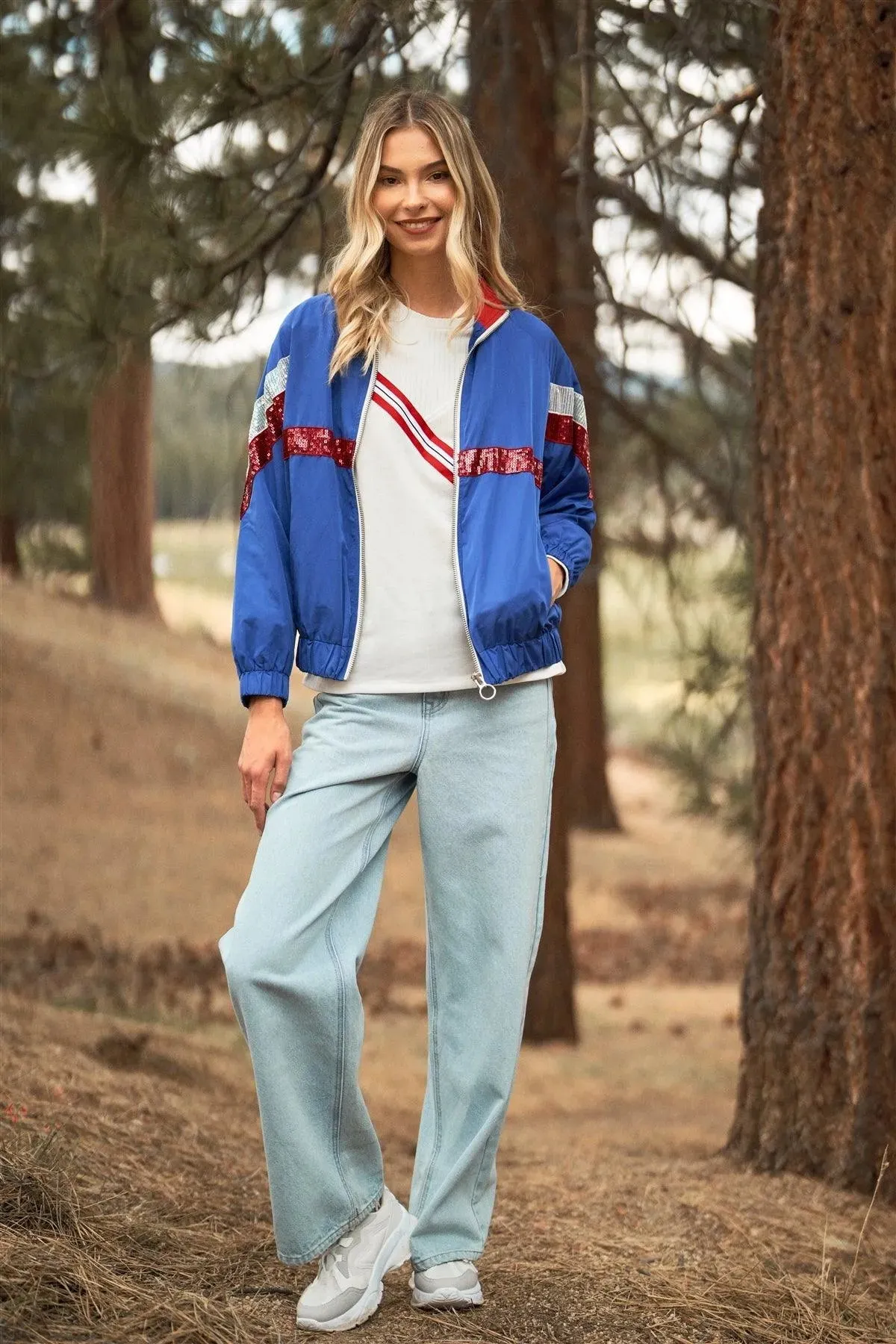 Disco Calling! Red & Blue Retro Printed Lettering Back Detail Sequin Stripe Trim Long Sleeve Zip-Up Windbreaker Jacket /3-2-1