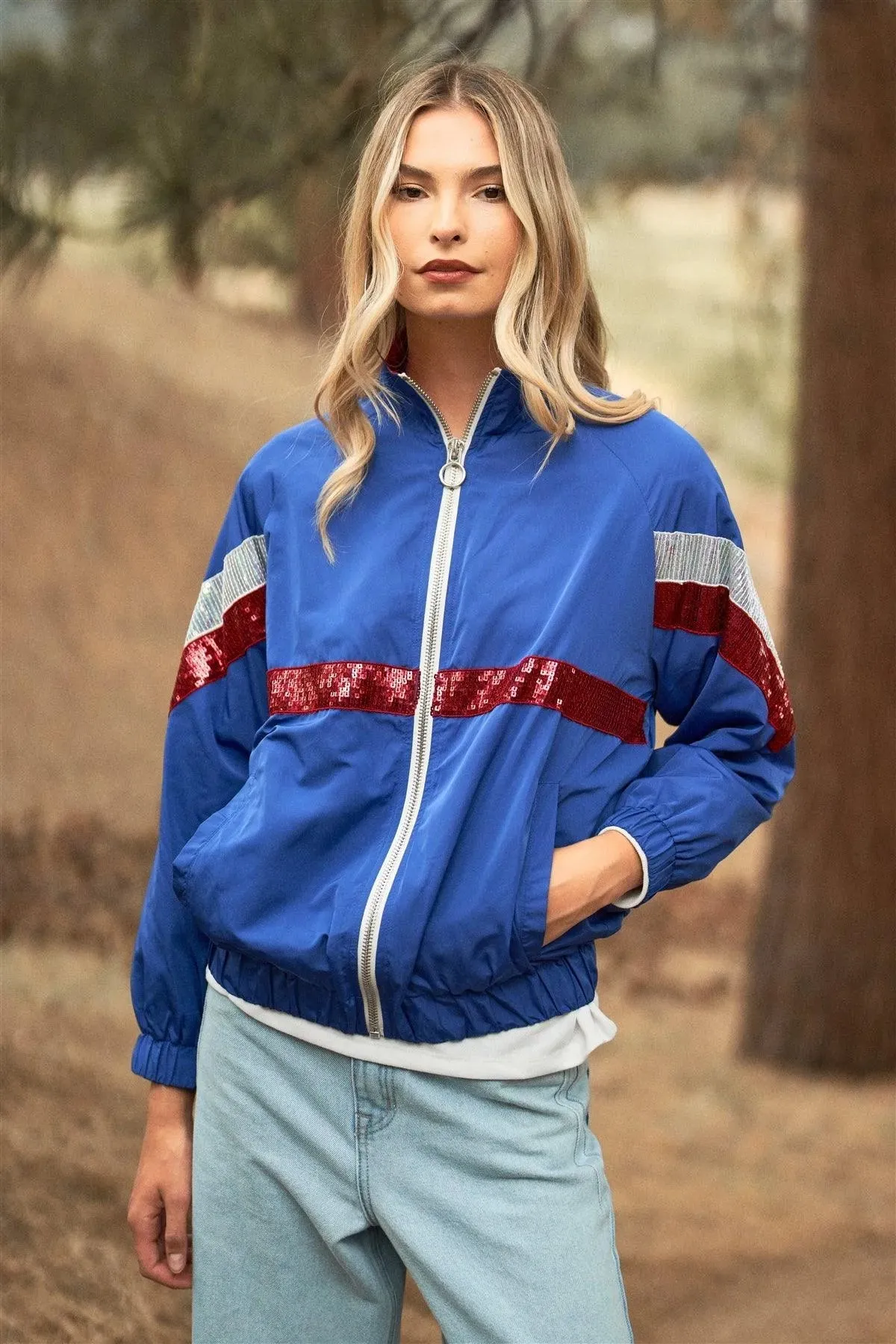 Disco Calling! Red & Blue Retro Printed Lettering Back Detail Sequin Stripe Trim Long Sleeve Zip-Up Windbreaker Jacket /3-2-1