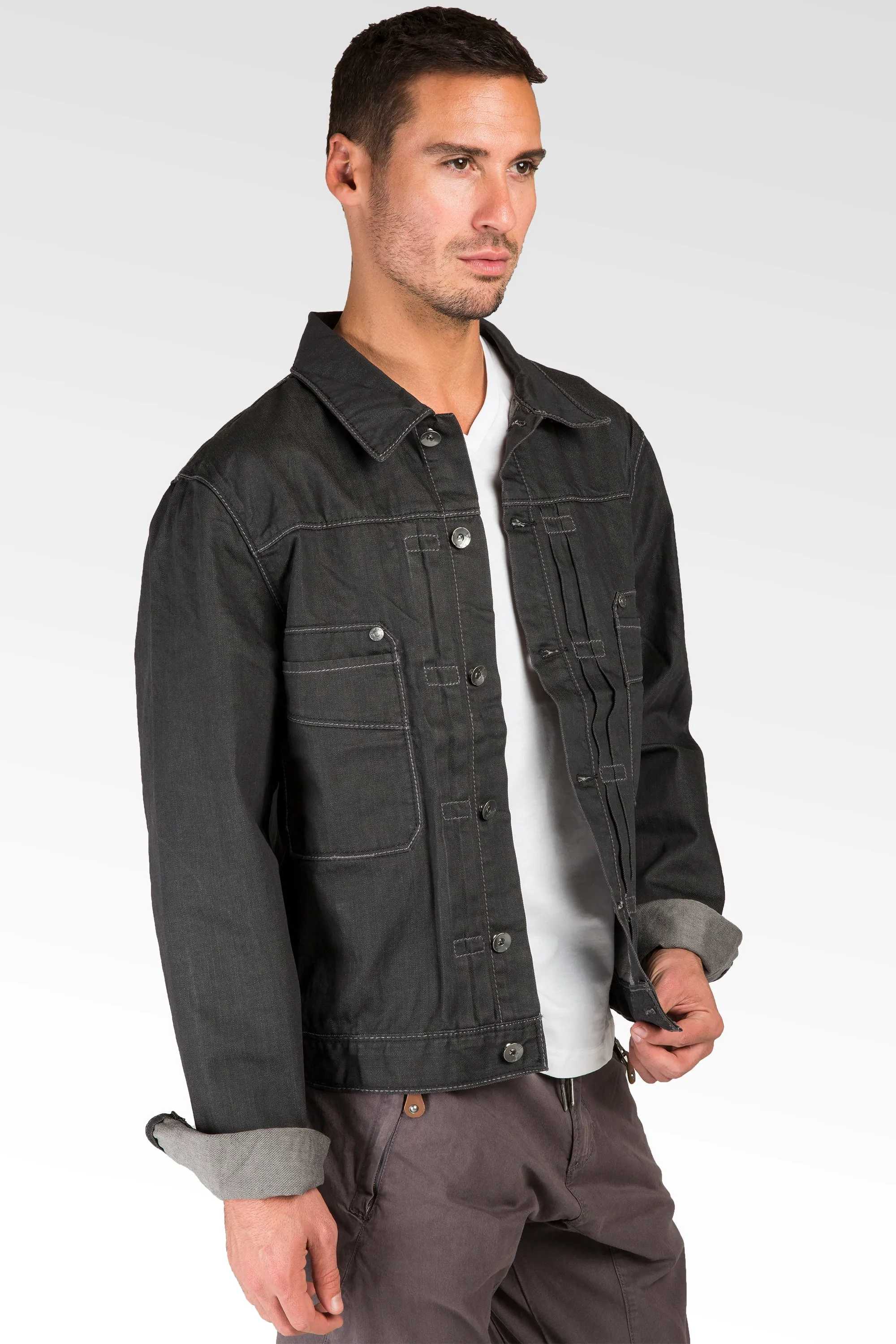 Espresso Coated Dark Gray Premium Denim Trucker Jacket Rugged Retro Wash