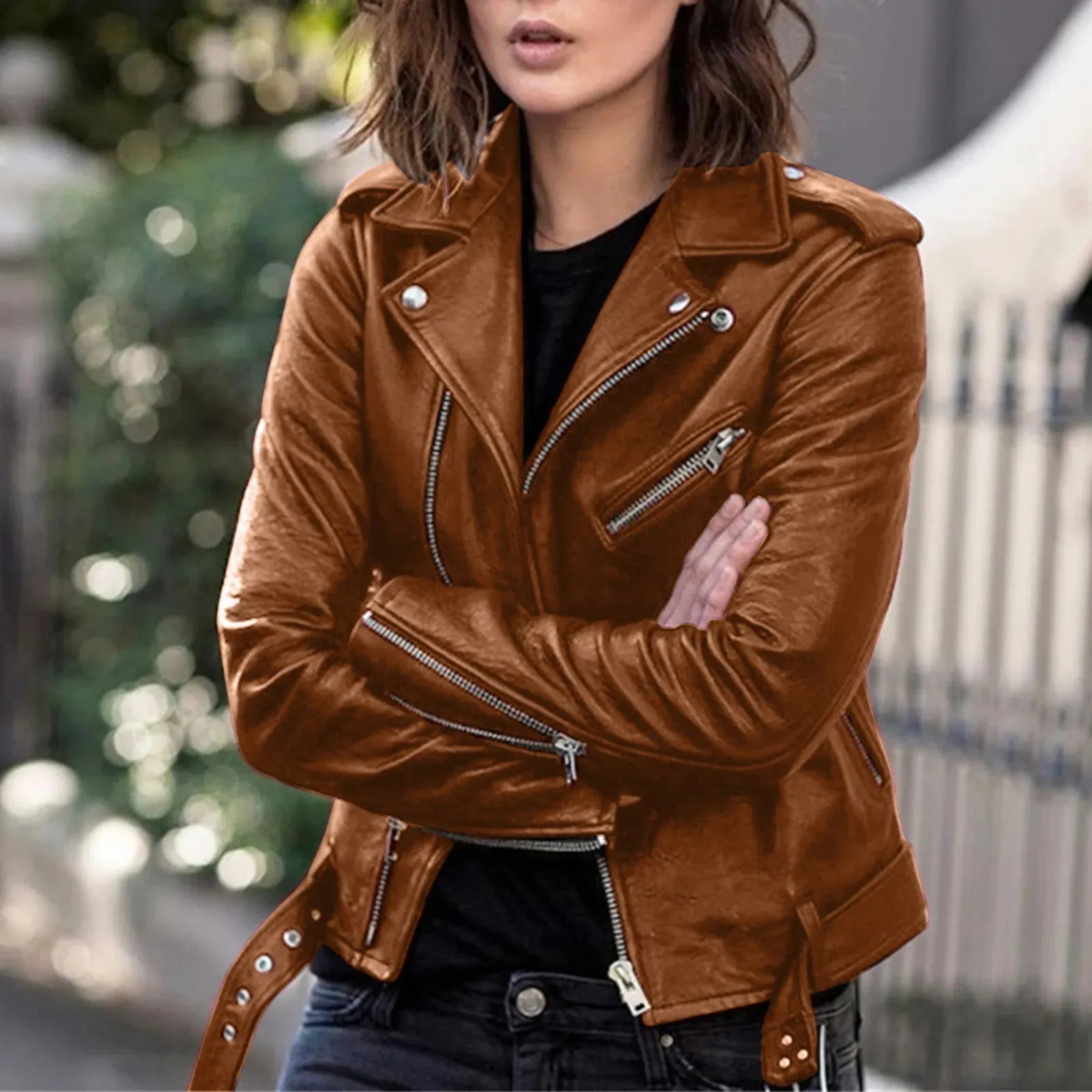 Faux Leather Long Sleeve Zipper Plus Size Fall Winter Jacket