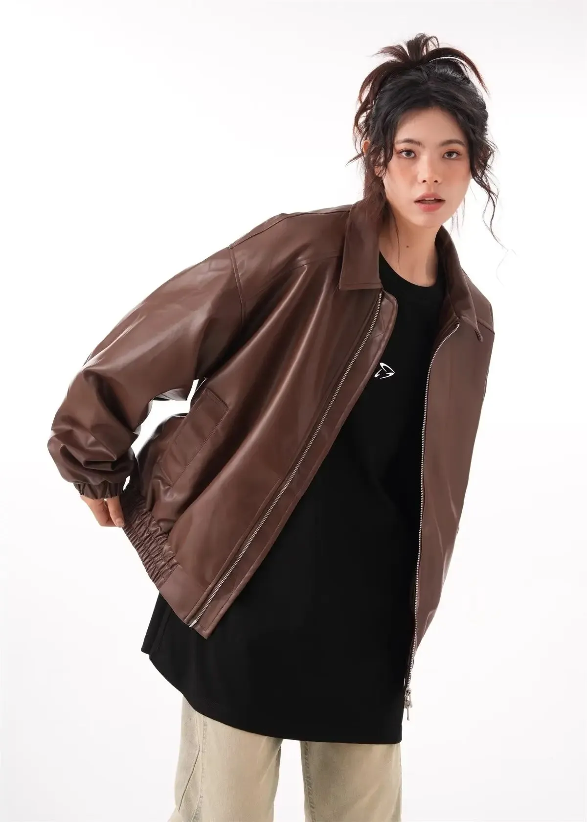 Faux PU Leather Vintage Long Sleeve Lapel Zipper Puffy Autumn Fashion Jacket