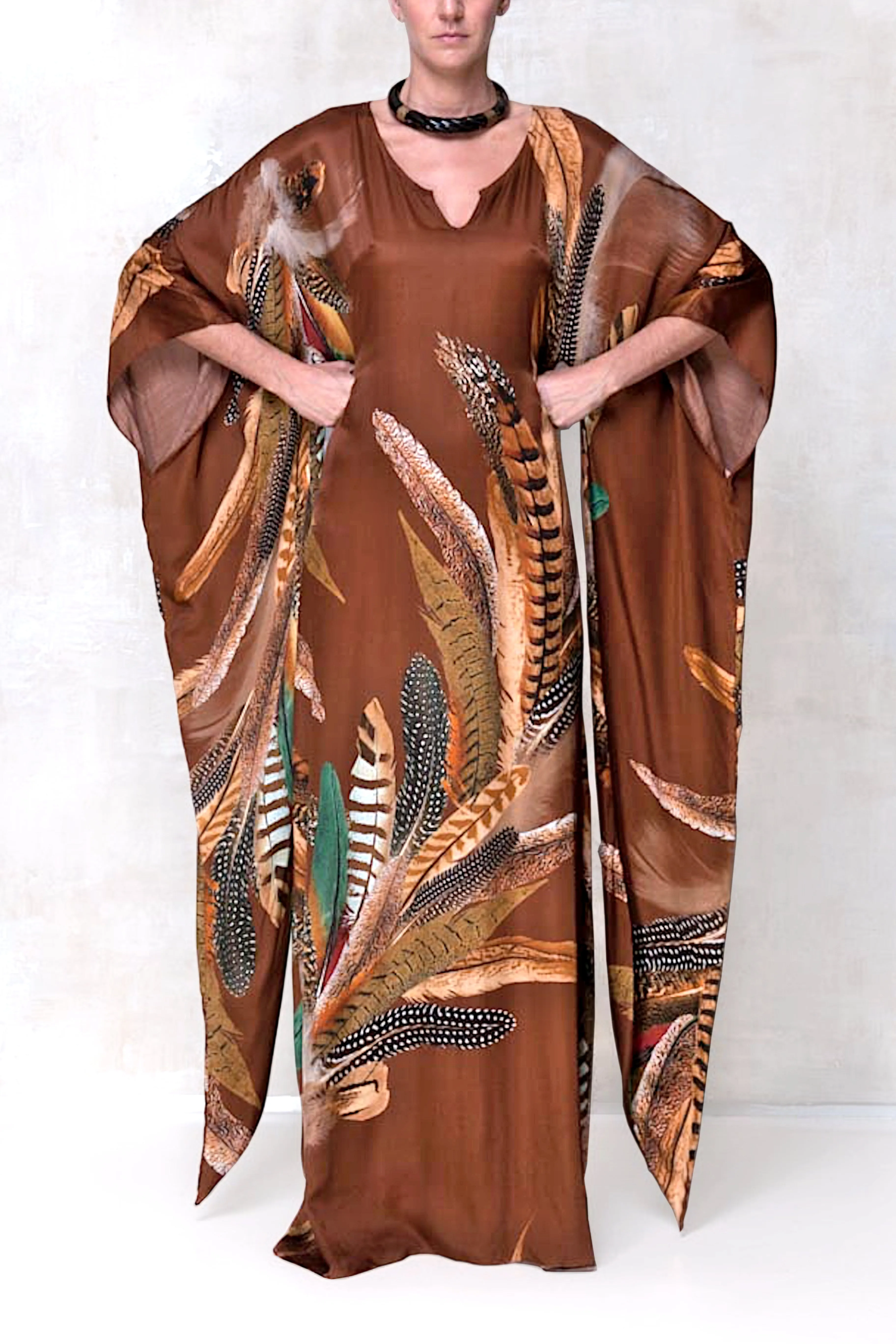 Feathers Print Long Kaftan