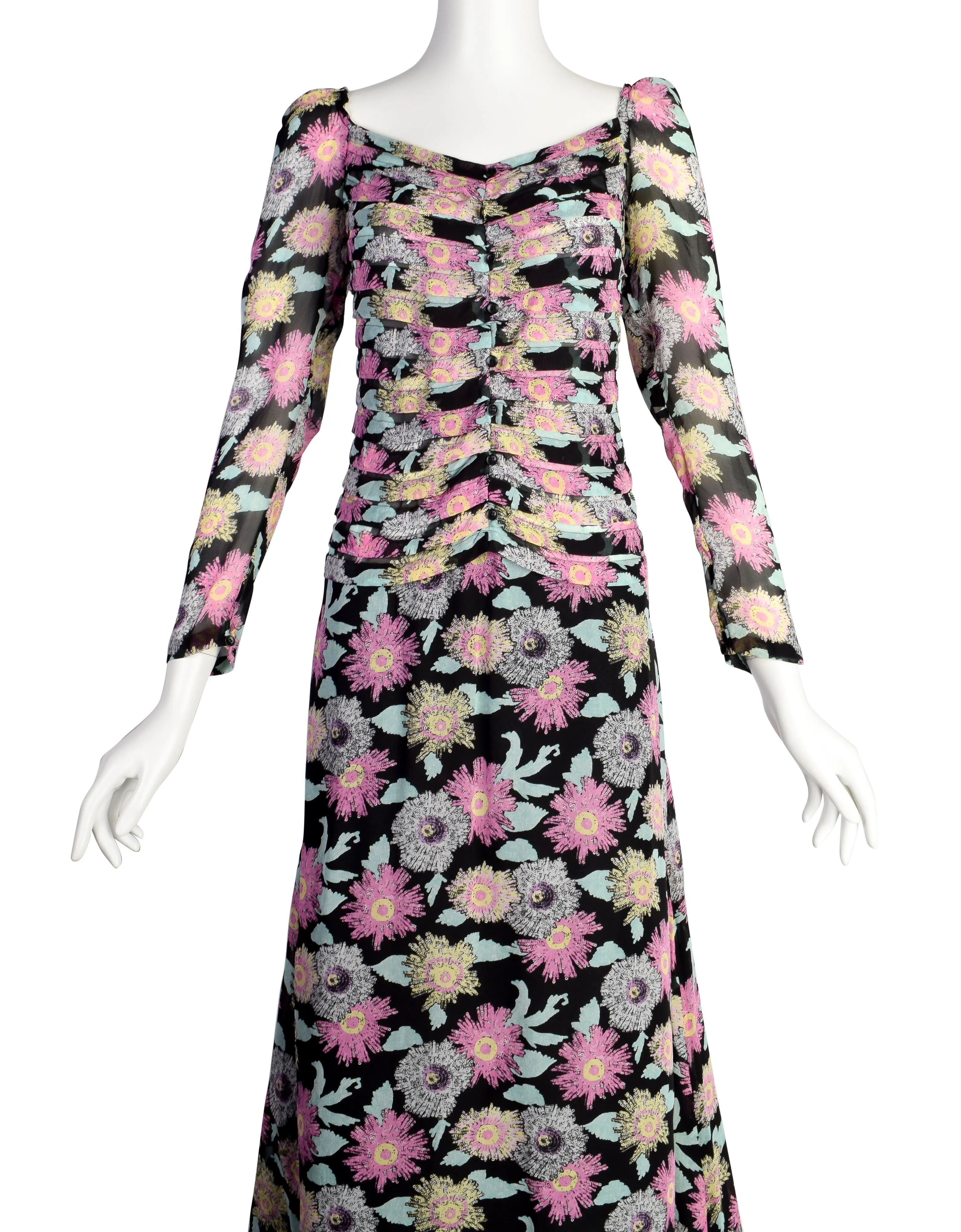 Fendi Vintage 1990s Black Pink Floral Silk Gown with Train