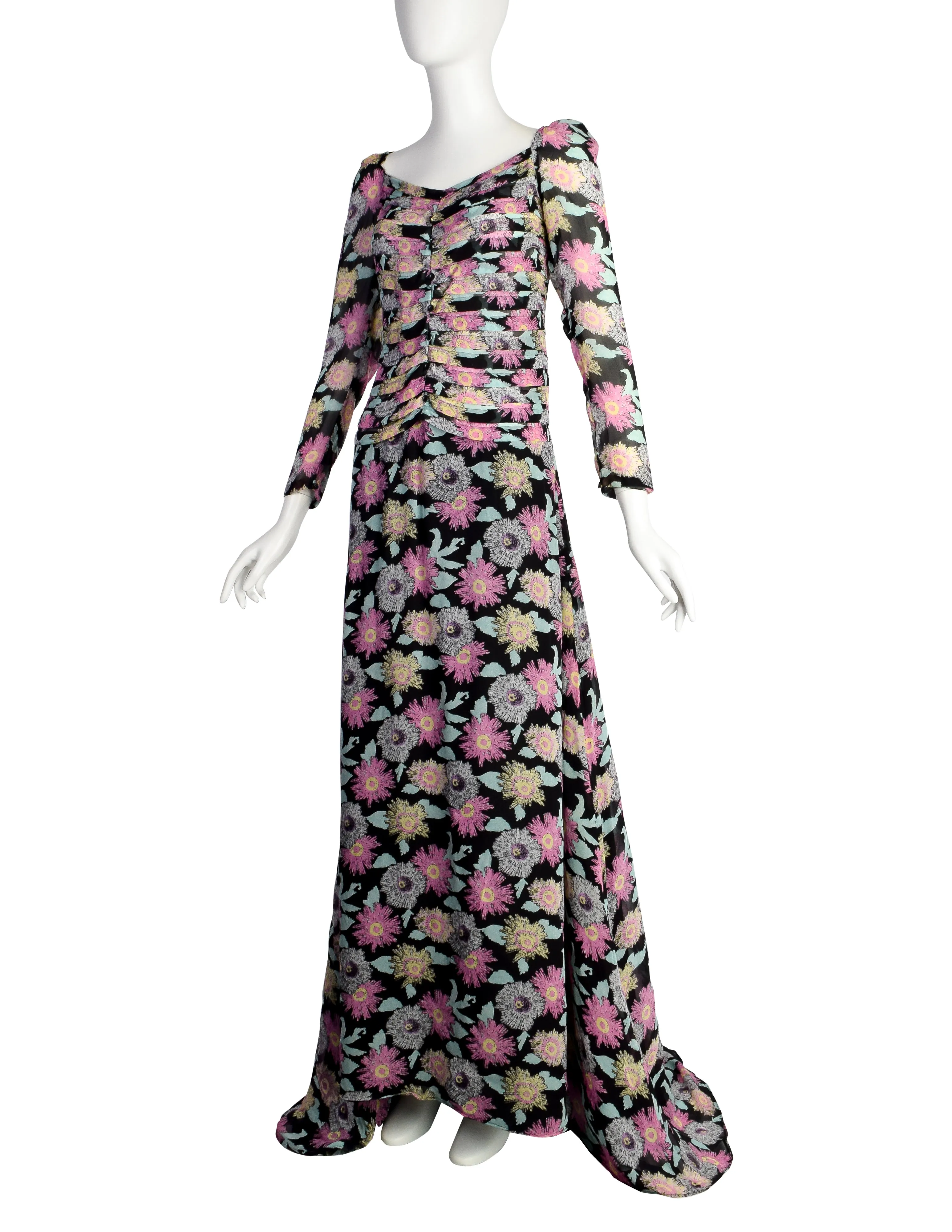 Fendi Vintage 1990s Black Pink Floral Silk Gown with Train