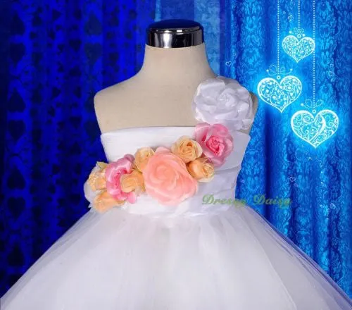 FG273 Colourful Roses One-Shoulder Tube Pretty Flower Girl Wedding Dress Size 2-8